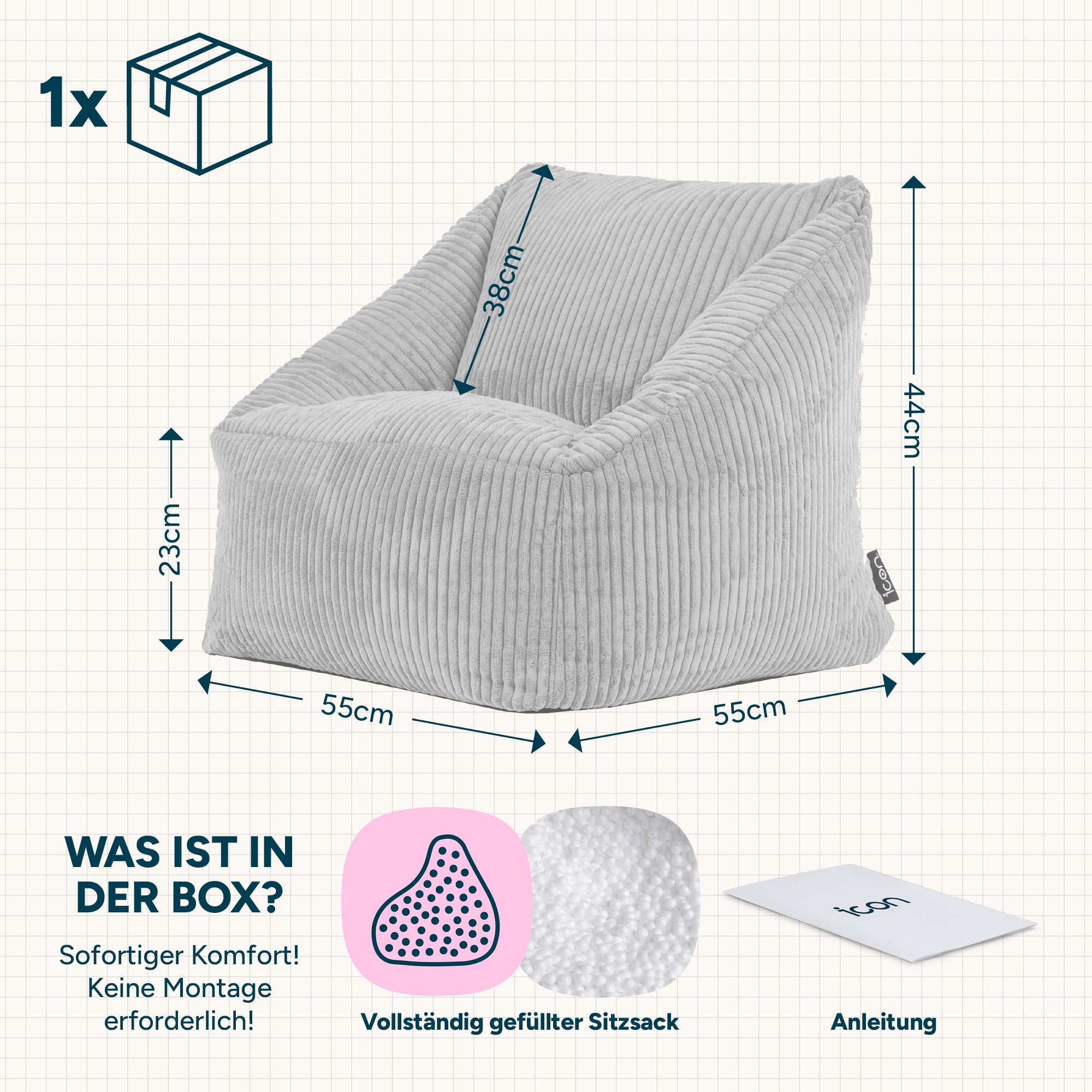 Icon Natalia Sitzsack Kinder, Salbeigrün, Flauschiger Cord Stoff, Sitzsack Cord mit Füllung, Bequemer Kinder Sessel, Kuschelsessel, Lese Sessel, Schlafzimmer, Kinderzimmer, Spielzimmer