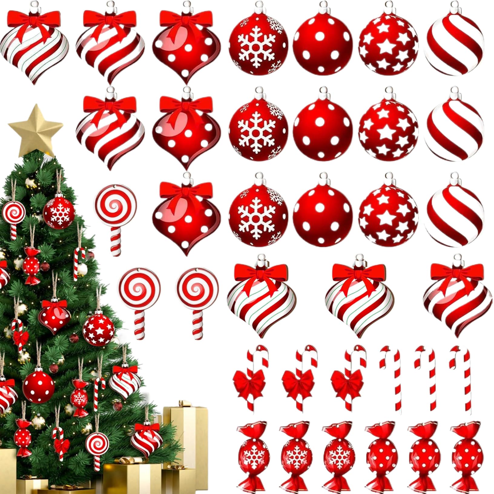 Candy Cane Christmas Decorations, 36PCS/Set Wooden Gloss Candy Cane Ornaments, Cute Candy Cane Decorations, Hanging Peppermint Christmas Decorations for Xmas Tree Decor Candy Cane Ornaments Candy Cane