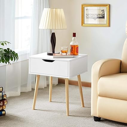 DDS Dream Decor Shoppee Nightstand End Side Table Drawer and Solid Wood Legs Bedside Table for Bedrooms, Mid-Century Modern Storage Cabinet for Living Room Furniture (Plain White)