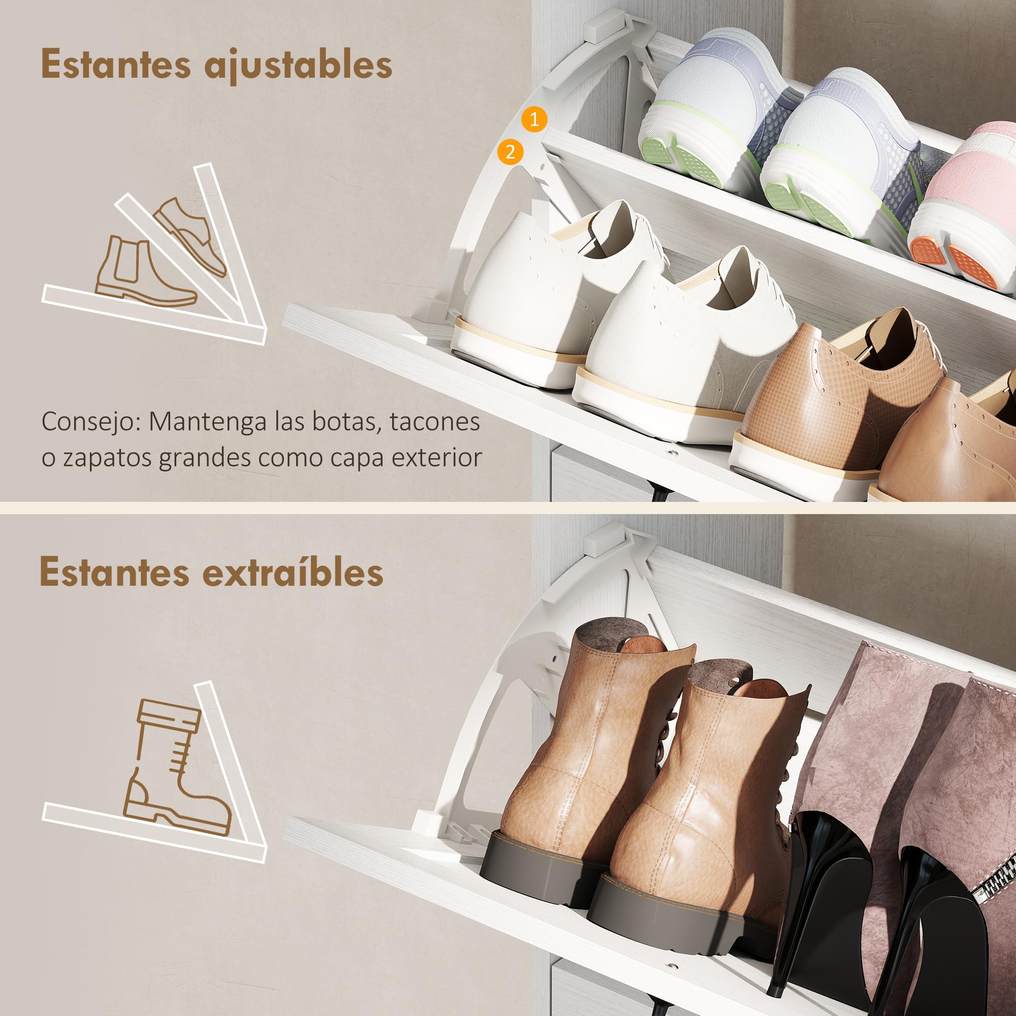 HOMCOM Zapatero Estrecho con 2 Cajones Abatibles 106,7x26x116 cm Blanco | Zapatero Entrada Recibidor Rústico, con Cajón y Estantes Ajustables, para 12 Pares de Zapatos, Espacio Reducido