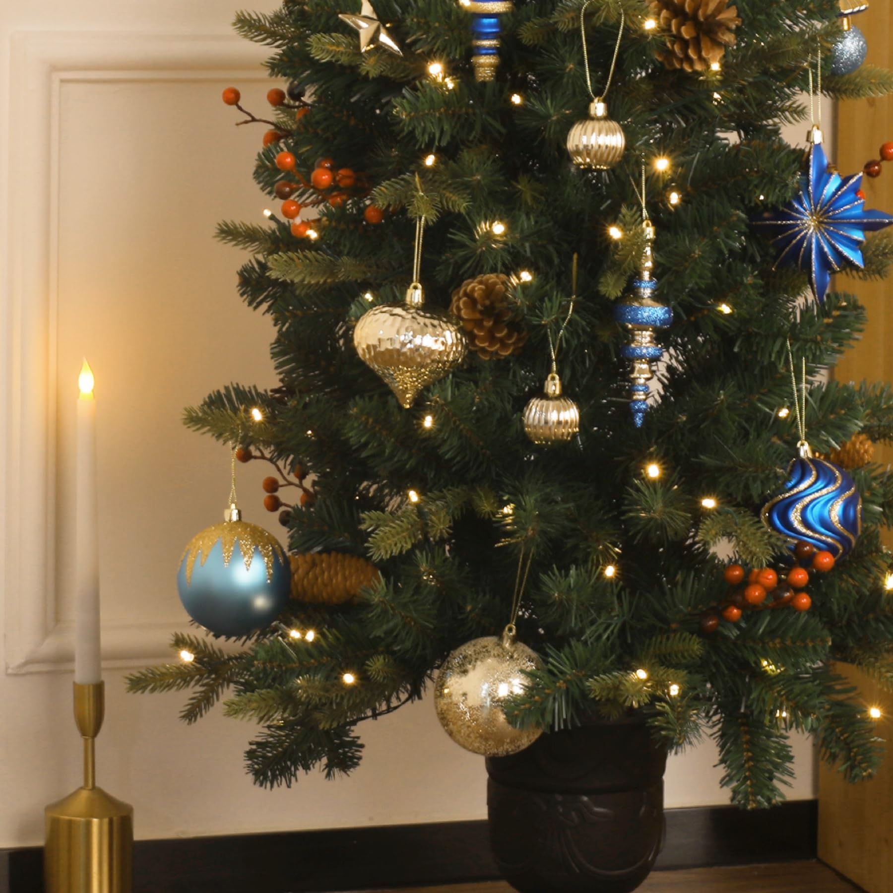 SHareconn Bolas de Navidad, 80 Unidades, 4-12,5 cm, Bolas Doradas de plástico irrompible para Adornos para árboles de Navidad, Decoraciones para Fiestas, con cordón para Colgar, Azul Dorado