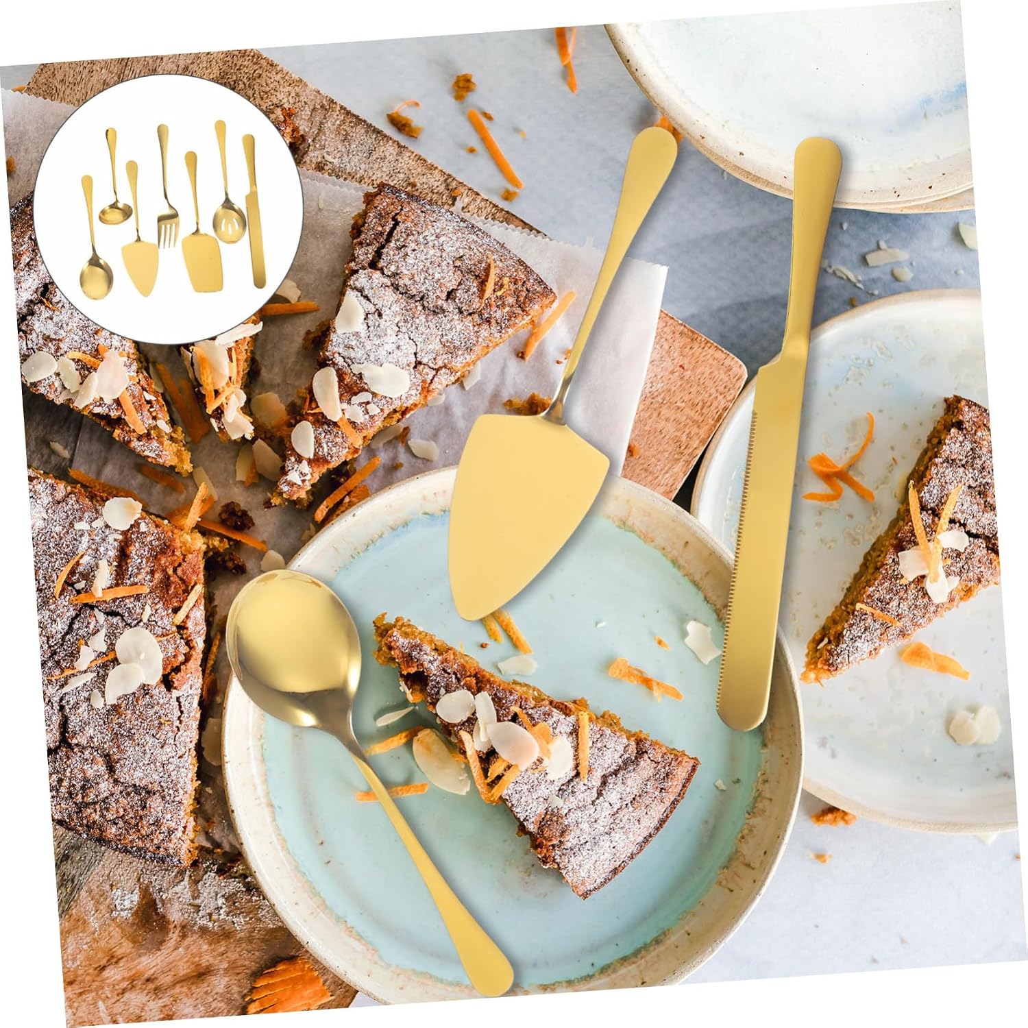 OUNONA Stainless Steel Cake Serving Set Gold Tableware for Weddings Parties and Events Includes Cake Cutter Forks and Spoons and Easy to Clean