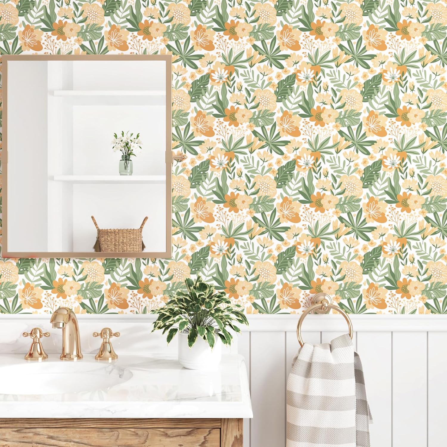 Boho Floral Wallpaper Peel and Stick Orange/Green Flower Wallpaper Vintage Floral Contact Paper Self Adhesive Waterproof Contact Paper for Cabinets Nursery Walls Bedroom 17.5"x102"