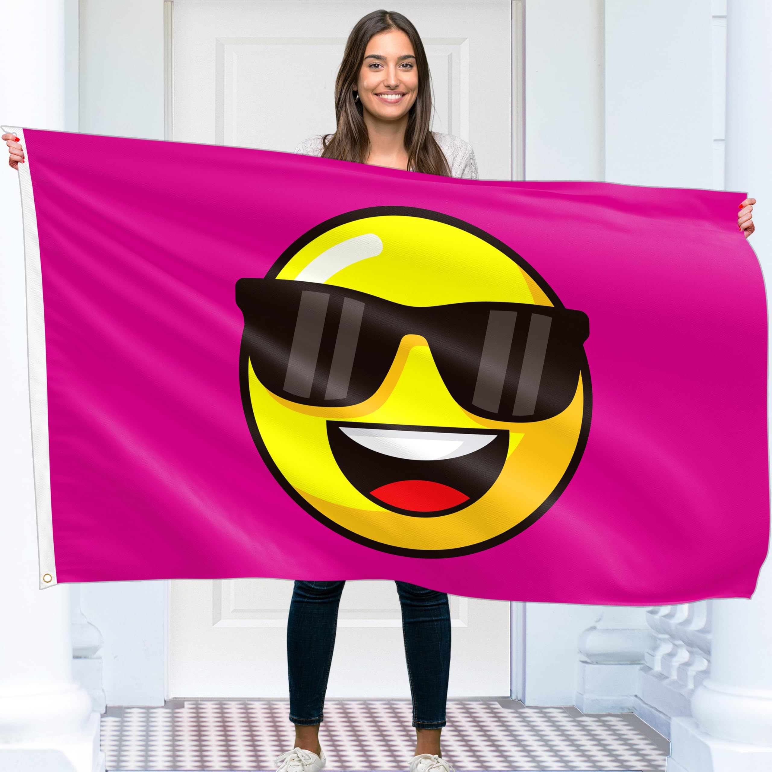 Pink Smiley Face Flag - Funny Flag - Smiley Face Sunglasses Banner - 110D polyester - Double Seam - 4 brass eyelets, large 5ft x 3ft
