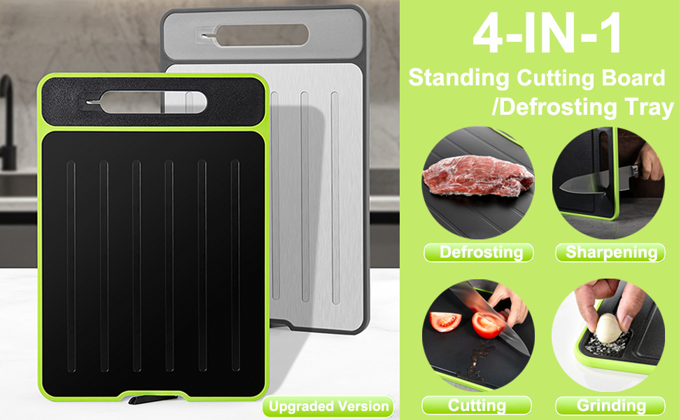 Tabla de Cortar de Doble Cara con Bandeja Integrada para Descongelar Carnes, Pulidor de Cuchillos y Zona de Rallado, Tabla 4 en 1 para Preparación de Alimentos Congelados | Tabla para Descongelar y Picar miniatura 7