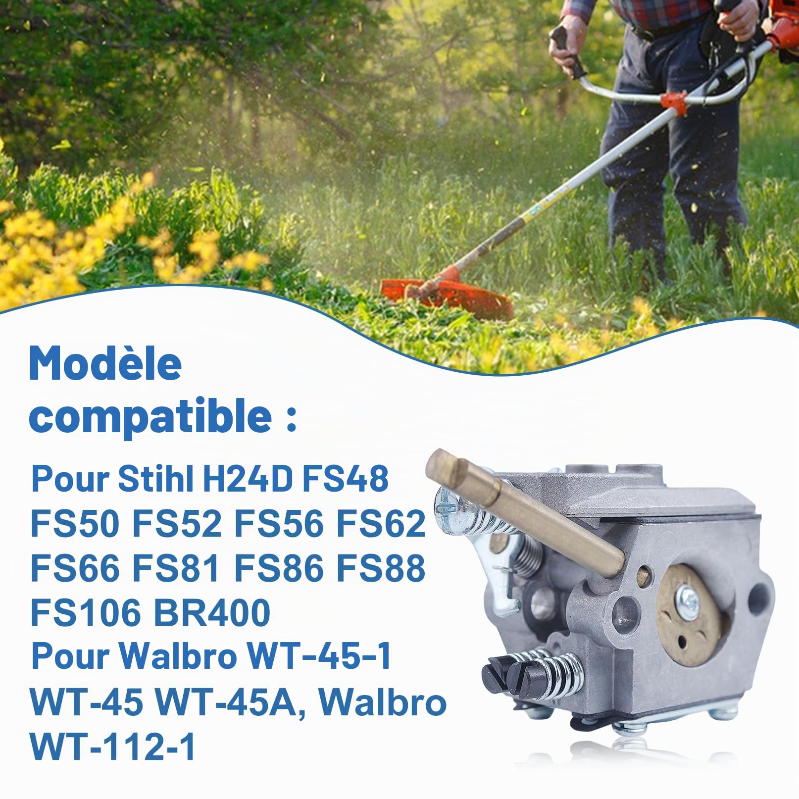 Kit de Carburateur avec joint pour Stihl FS50 FS48 FS52 FS56 FS62 FS66 FS86 FS88 Remplace pour Walbro WT-45-1 WT-45 WT-45A WT-112-1 avec bougie d'allumage, conduite de carburant, etc