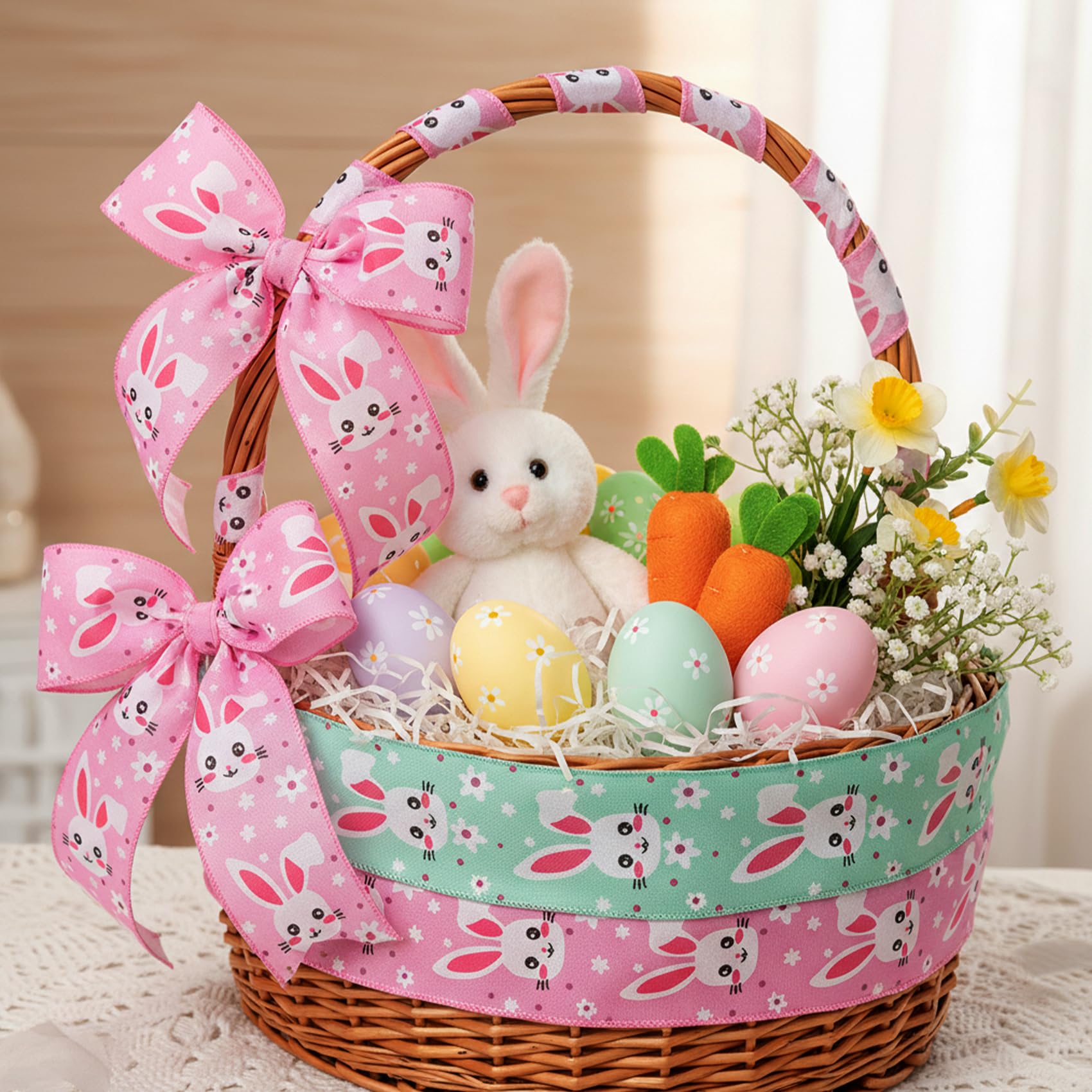 4 Rolls Easter Wired Ribbon Burlap Ribbons for Gift Wrapping Printed Easter Eggs Carrot Bunny Rabbit Plaid with Wire Spring Ribbons 2.5 Inch Wide 20 Yards Patten Pastel for Crafting Basket Pack - Image 3