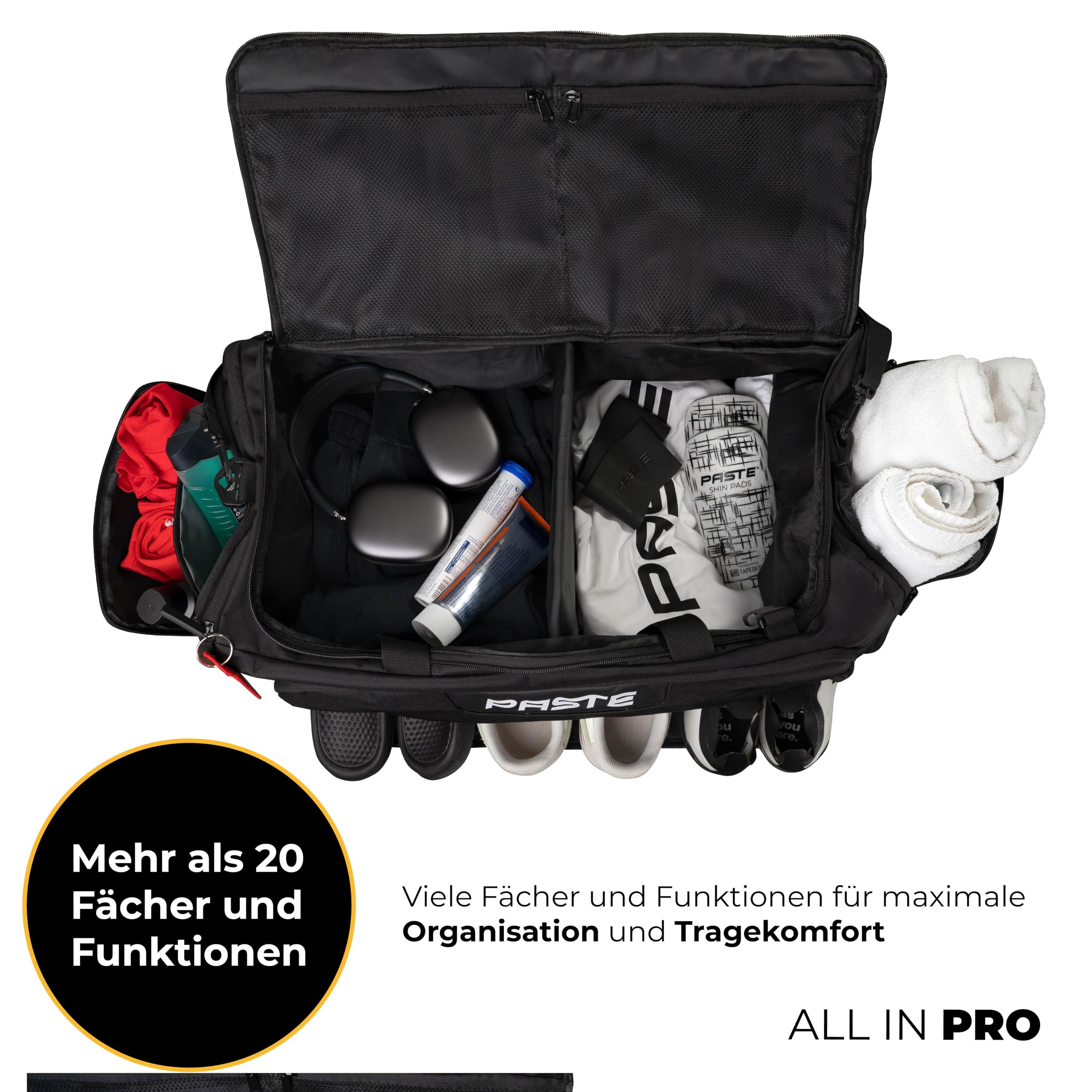 PASTE Premium Sporttasche 68L mit Rucksackfunktion Schuhfach Nassfach Schwarz Fußballtasche Trainings-Tasche Kühlfunktion Damen Herren groß XL Reise-Tasche Gym Bag