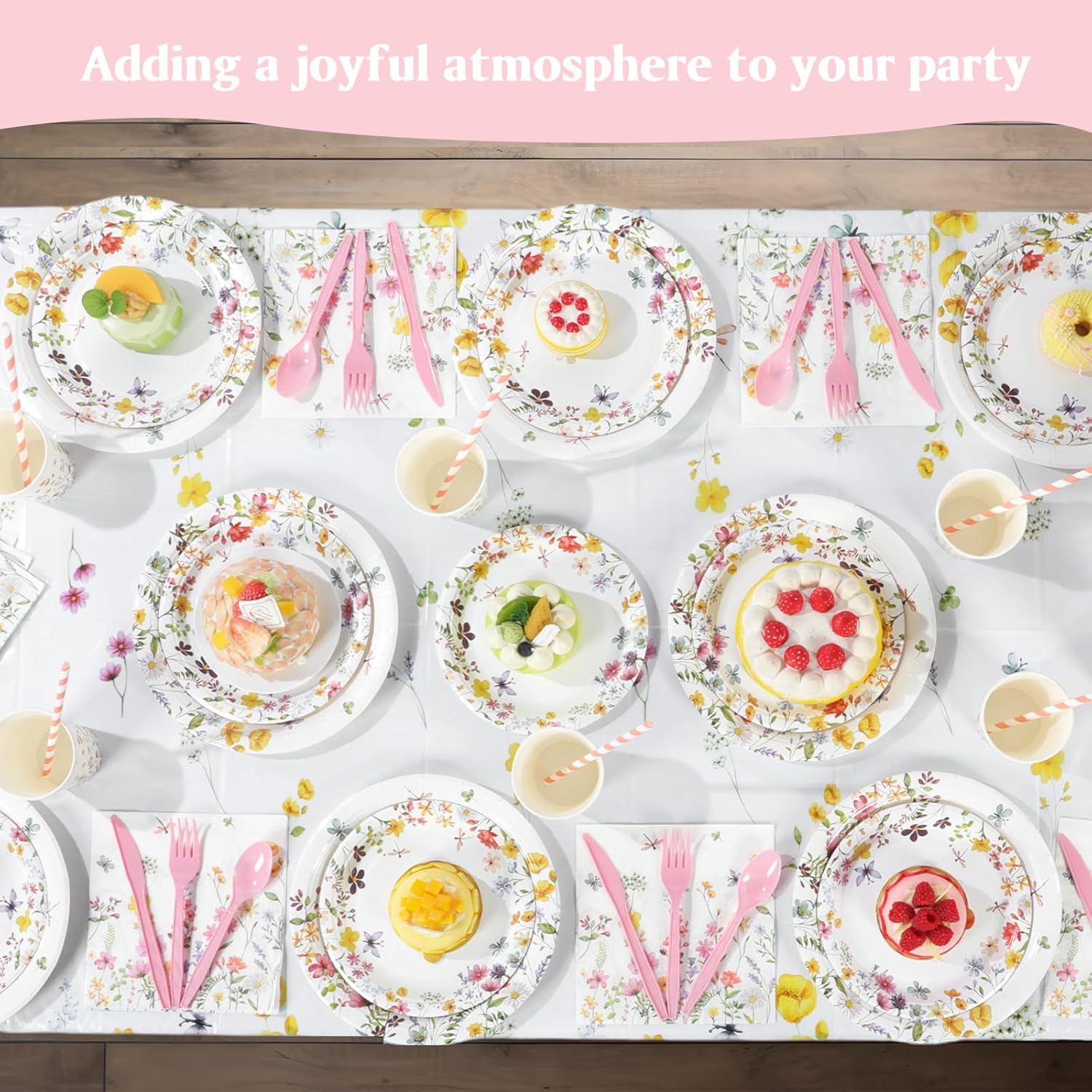 452 Pcs Wildflower Party Decorations for 50 Guests, Spring Floral Paper Plates Napkins Cups Tablecloth Cutlery Straws for Wildflower Baby Shower Birthday Wedding Party Supplies
