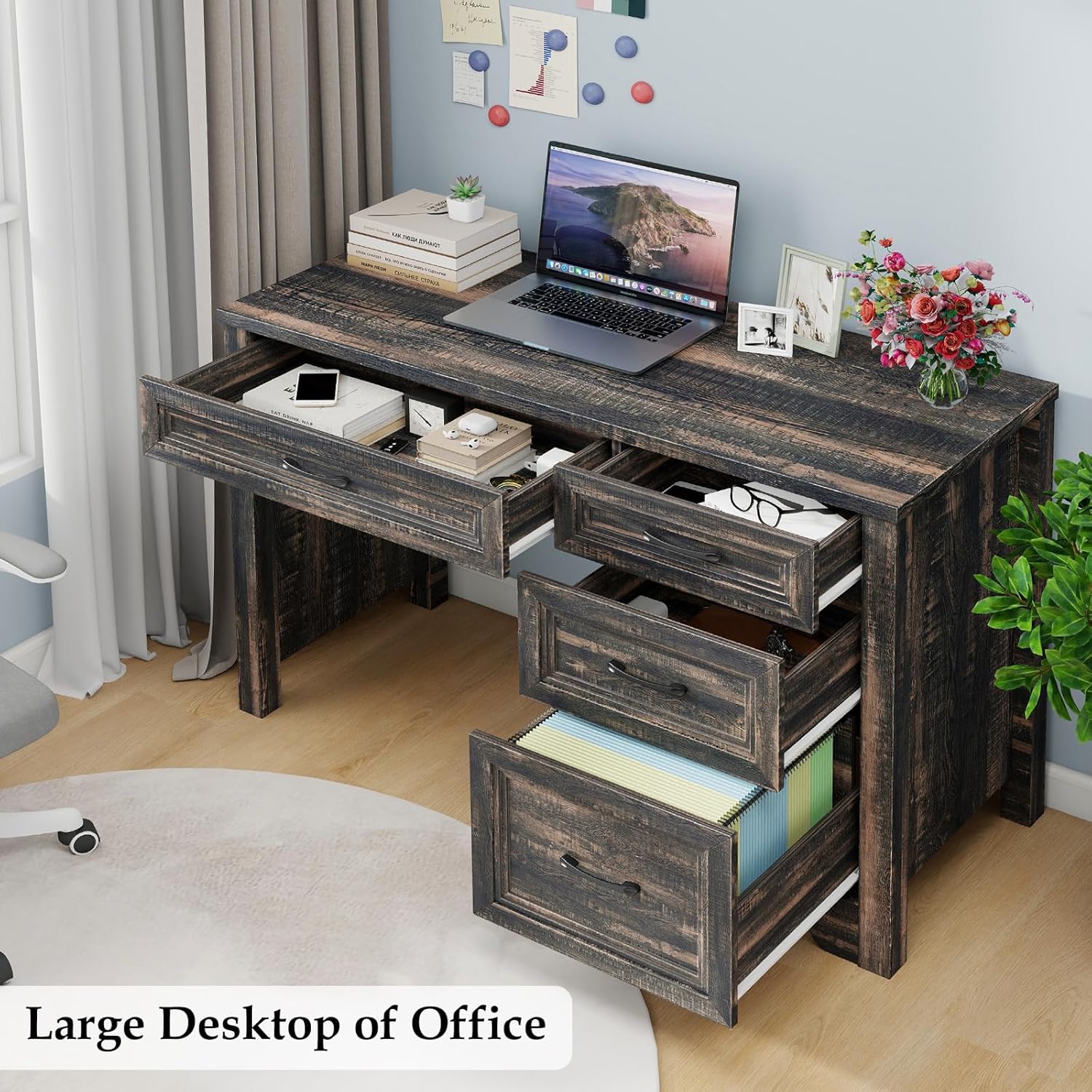Farmhouse Executive Desk with Drawers, Wood Computer Desk with Ample File Drawer, Rustic Home Office Desk with Storage for Bedroom, Living Room, Dark Oak