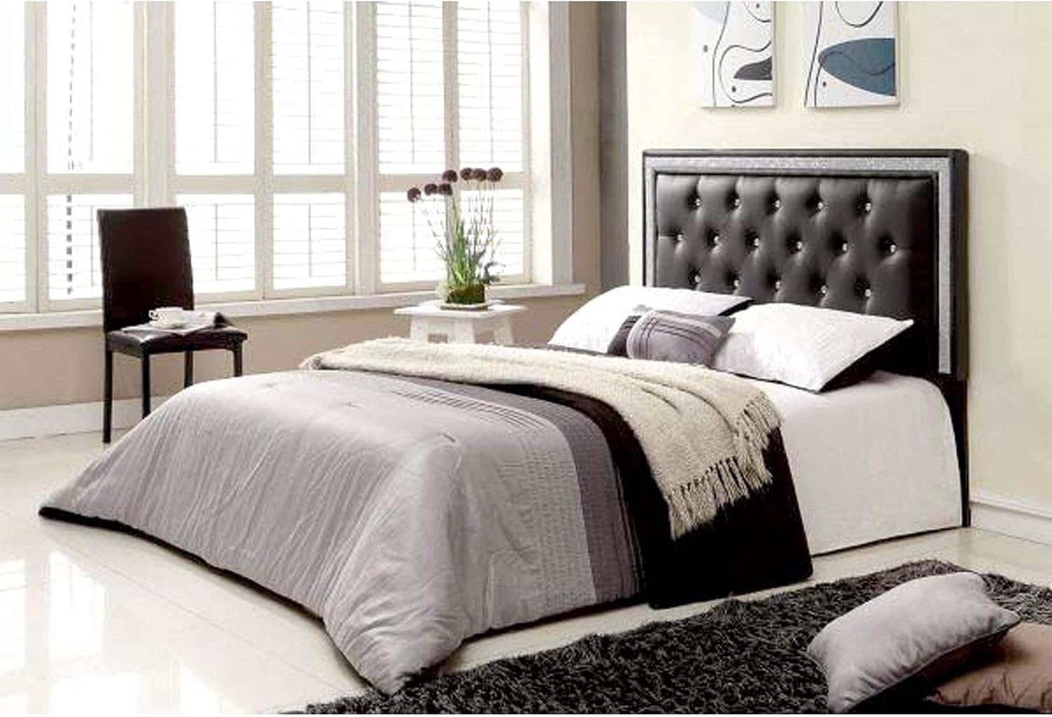 BOWERY HILL Full/Queen Tufted Headboard, Faux Leather Upholstered, Crystal Rhinestone Trim, Black Finish, Modern Design, 64 x 4 x 46 in, Strong Birch Wood, Bedroom Furniture