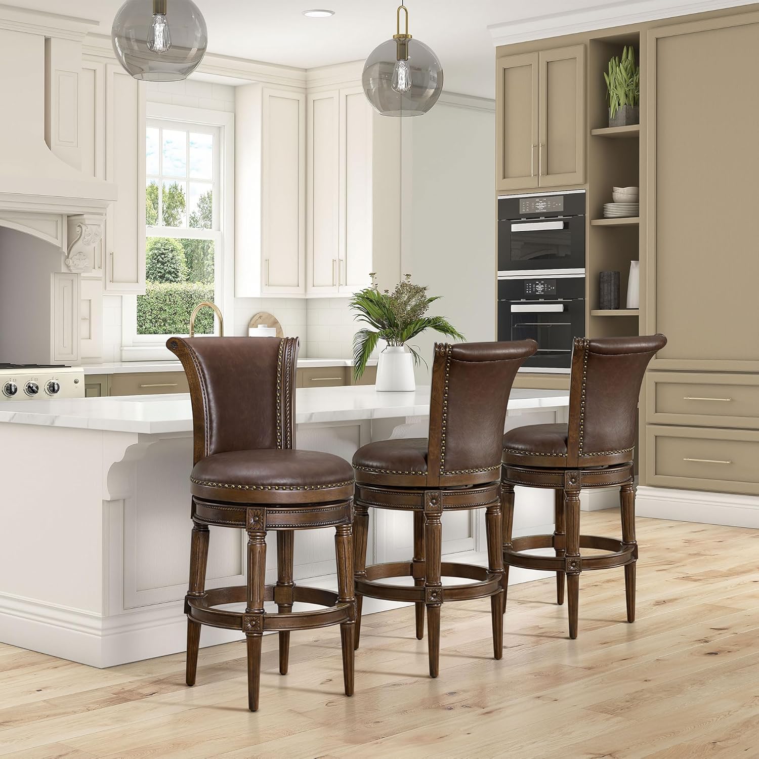 ROME + OAK Set of 4 Runyan 31" Swivel Bar Stool, High Back Barstool in Dark Walnut Finish with Vintage Brown Vegan Leather Seat