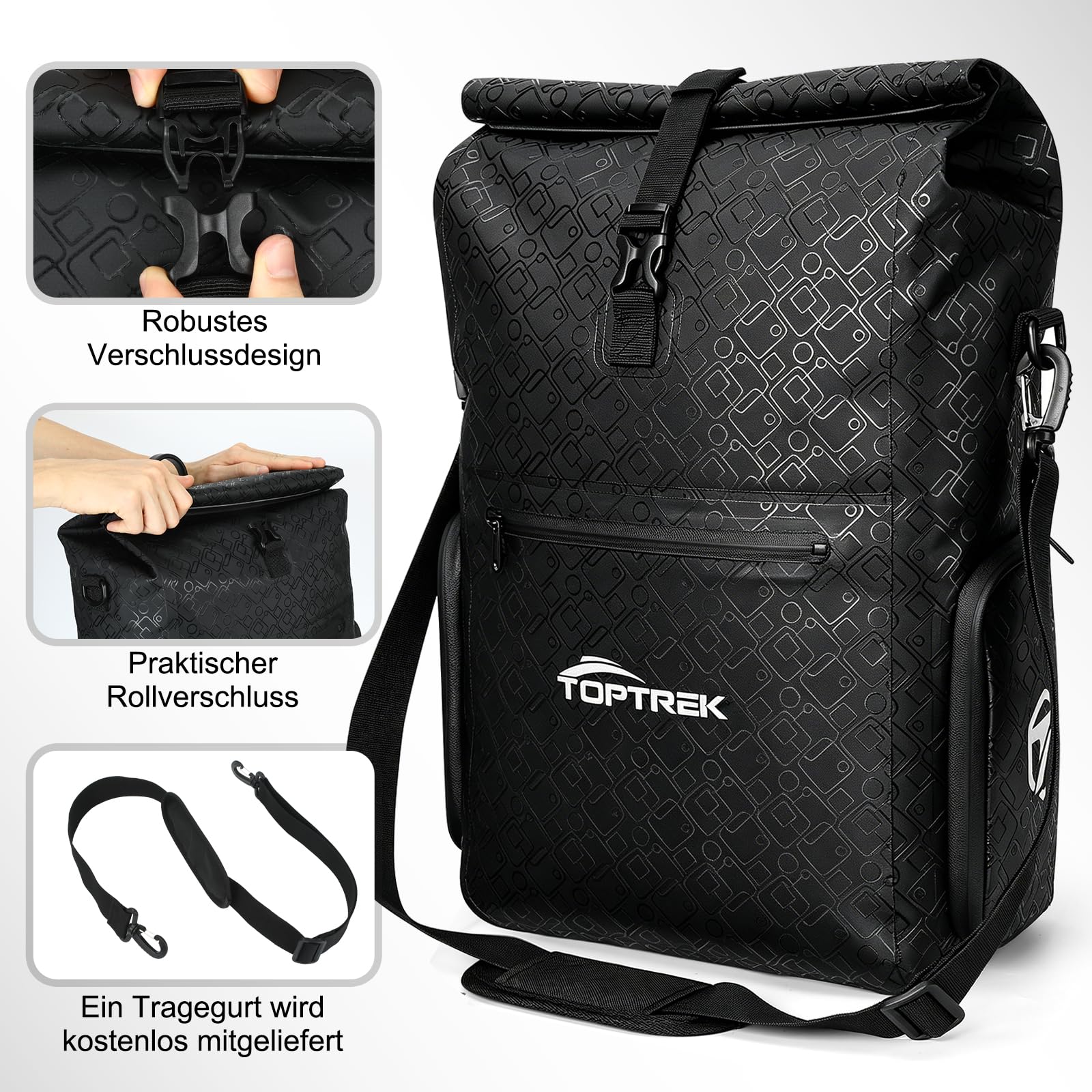toptrek Borsa da bicicletta per portapacchi con scomparto esterno, 25 l, impermeabile | Borsa per portapacchi con tasche interne rimovibili, richiudibile, con maniglia e tracolla