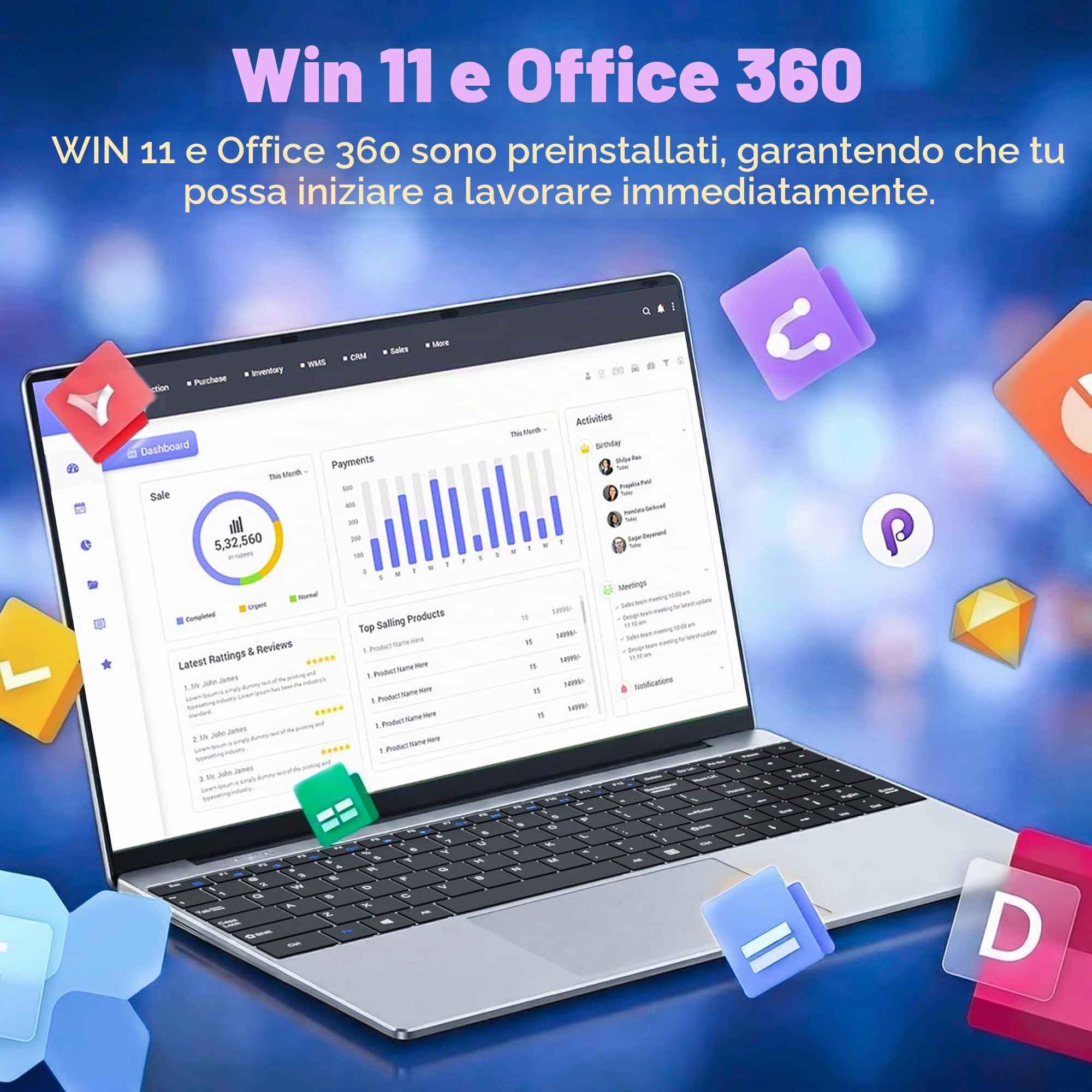 Portatile PC IPS Full HD da 15,6", Core M3 6Y30 fino a 2,2 GHz, 8 GB RAM DDR3, 256 GB SSD, Notebook Sottile con Win 11 e Office 365, Laptop con Tastierino Numerico, Apertura e Chiusura a 180°, Wi-Fi 5