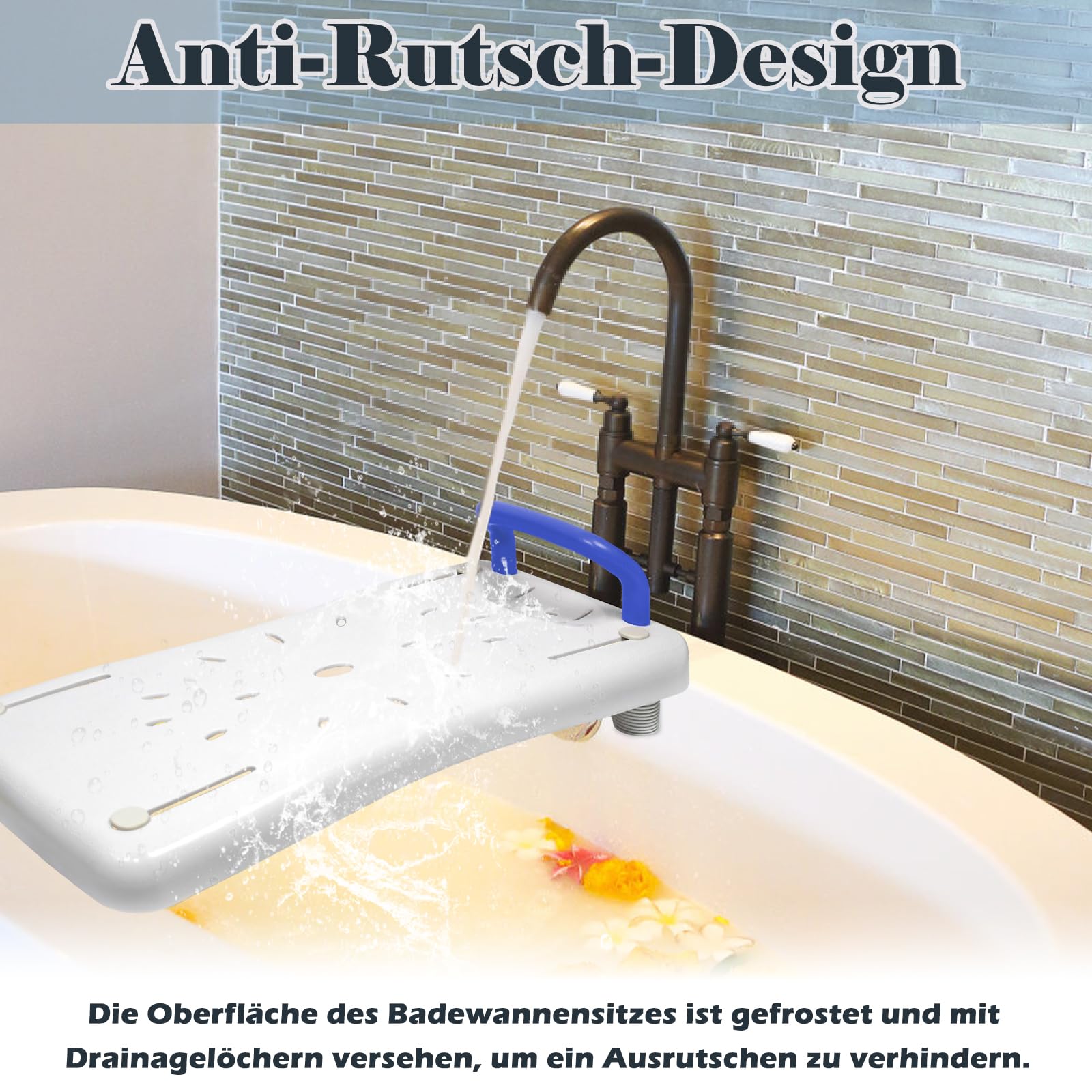 LARS360 Badewannenbrett Badewannensitz Senioren Erwachsene Einstellbar Wannenbrett zum Sitzen Brett für Badewanne Sitzbrett Stuhl für Badezimmer Max 150 kg mit Blau Griff, Weiß