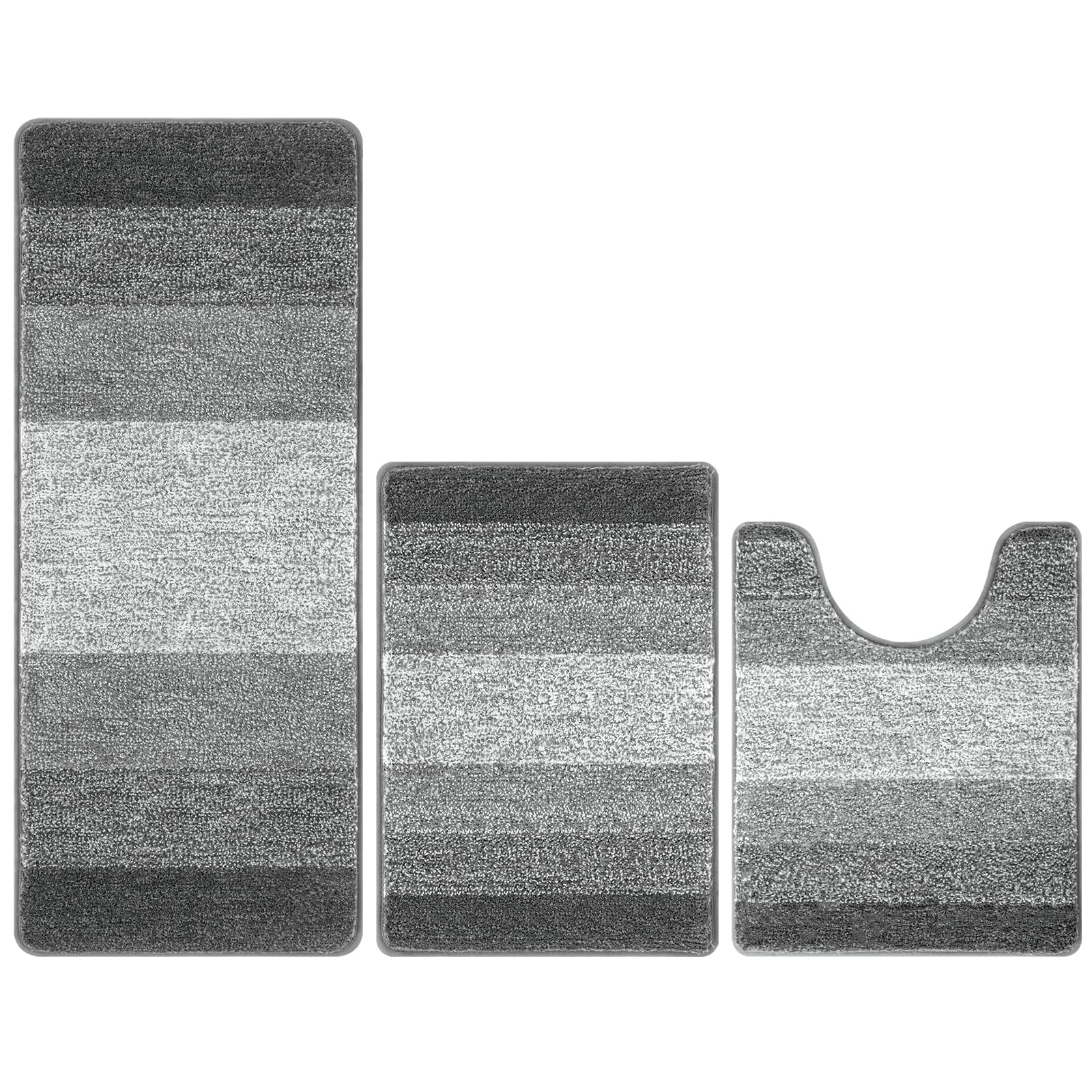 Pauwer Lot de 3 tapis de salle de bain à poils longs avec contour en forme de U et peluche absorbante, en microfibre absorbante, lavable en machine, gris