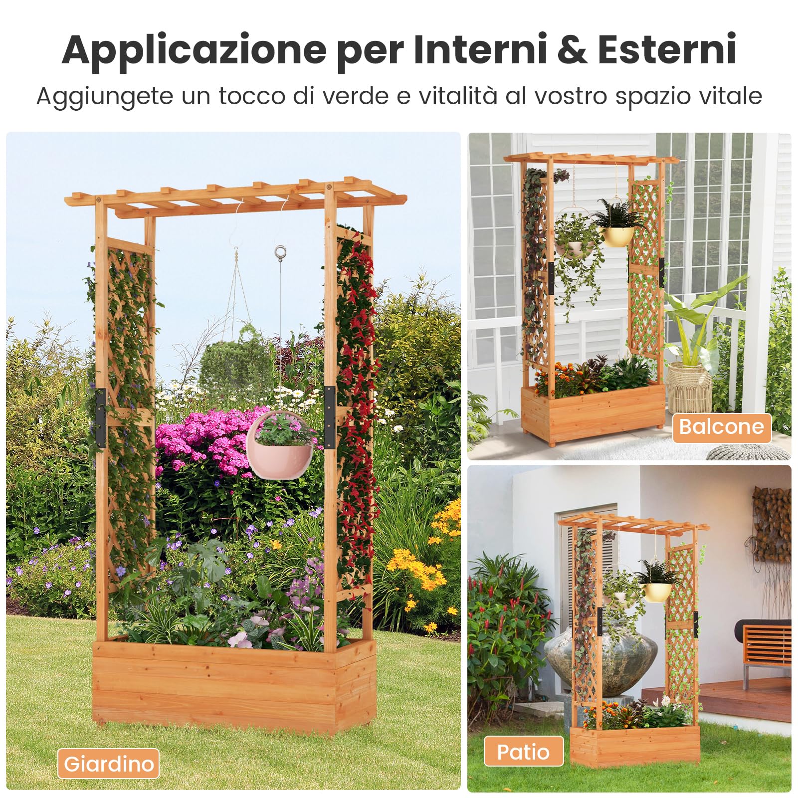 COSTWAY Fioriera Rialzata con Grigliato, Aiuola Rialzata con Traliccio per Piante Rampicanti e Fori di Drenaggio, Orto Elevato da Giardino, Terrazzo e Cortile (Arancione, 110 x 44 x 182 cm)