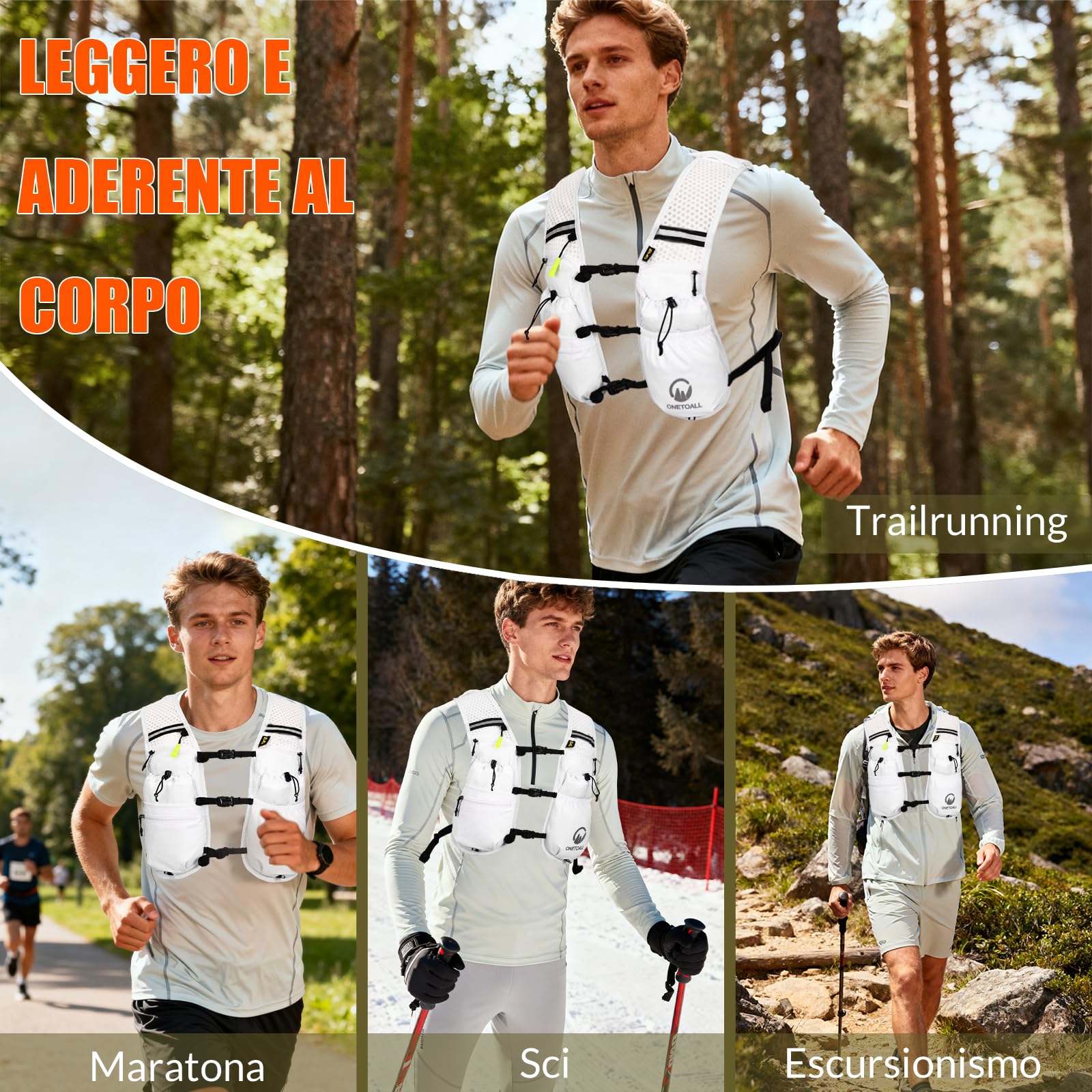 Zaino Trail Running, Gilet Running Uomo Donna, Ultraleggero Gilet Corsa Riflettente Idratazione Multitasche con Borraccia Morbida 500ml o Sacca Idrica 2L per Trekking Ciclismo MTB Sci
