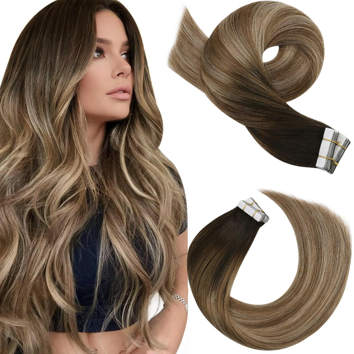 Moresoo Tape in Extensions Human Hair Balayage Dark Brown to Brown Mix with Blonde Tape in Hair Extensions Ombre Human Hair Extensions Glue in Real Hair 20 Inch #4/10/16 20pcs 50g