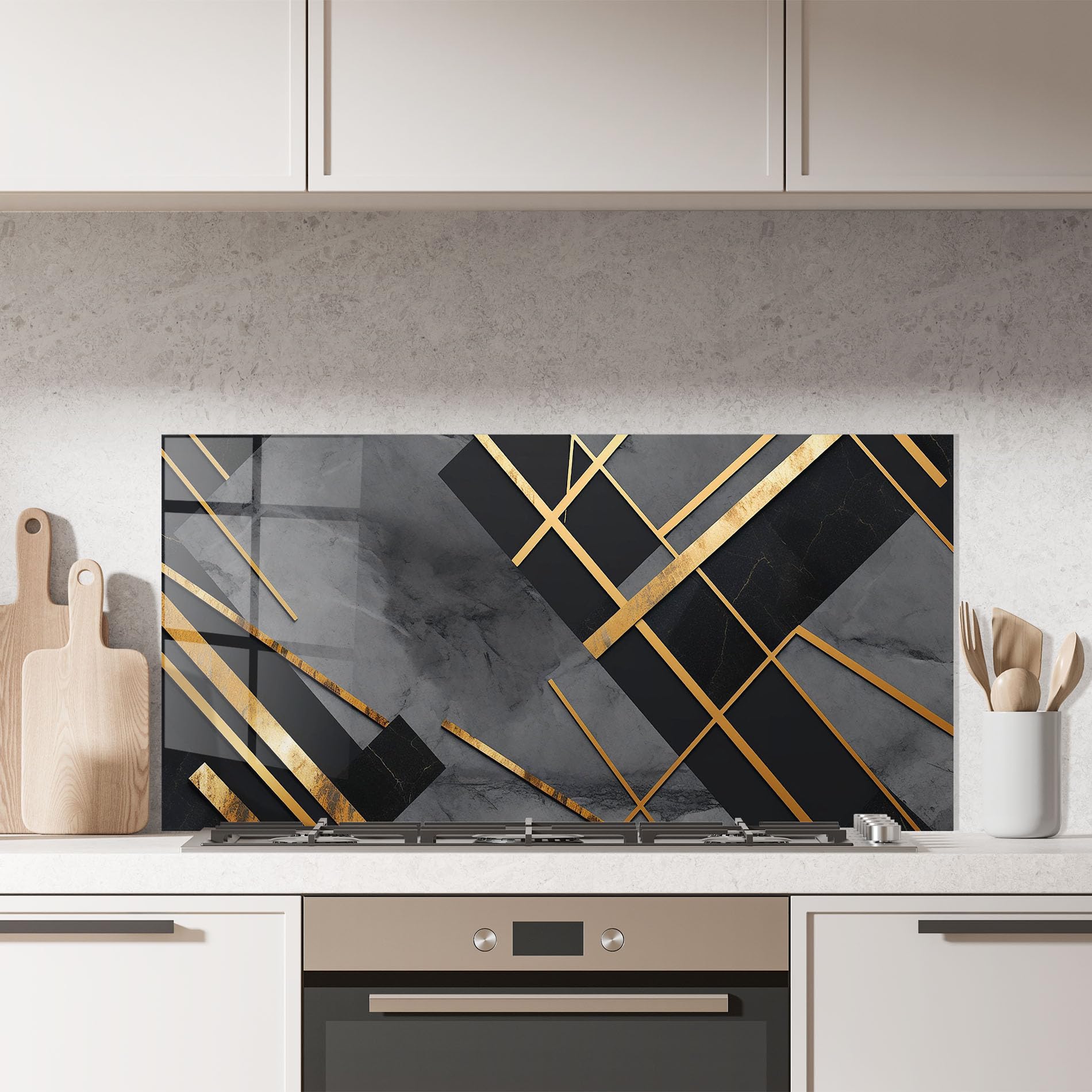 ARTHUB® Crédence de Cuisine en Verre 60x120 cm, Grey Painting with Gold Lines | Protection Contre Les éclaboussures, Revêtement Mural en Carreaux, Plaque en Verre, Verre trempé, Abstrait