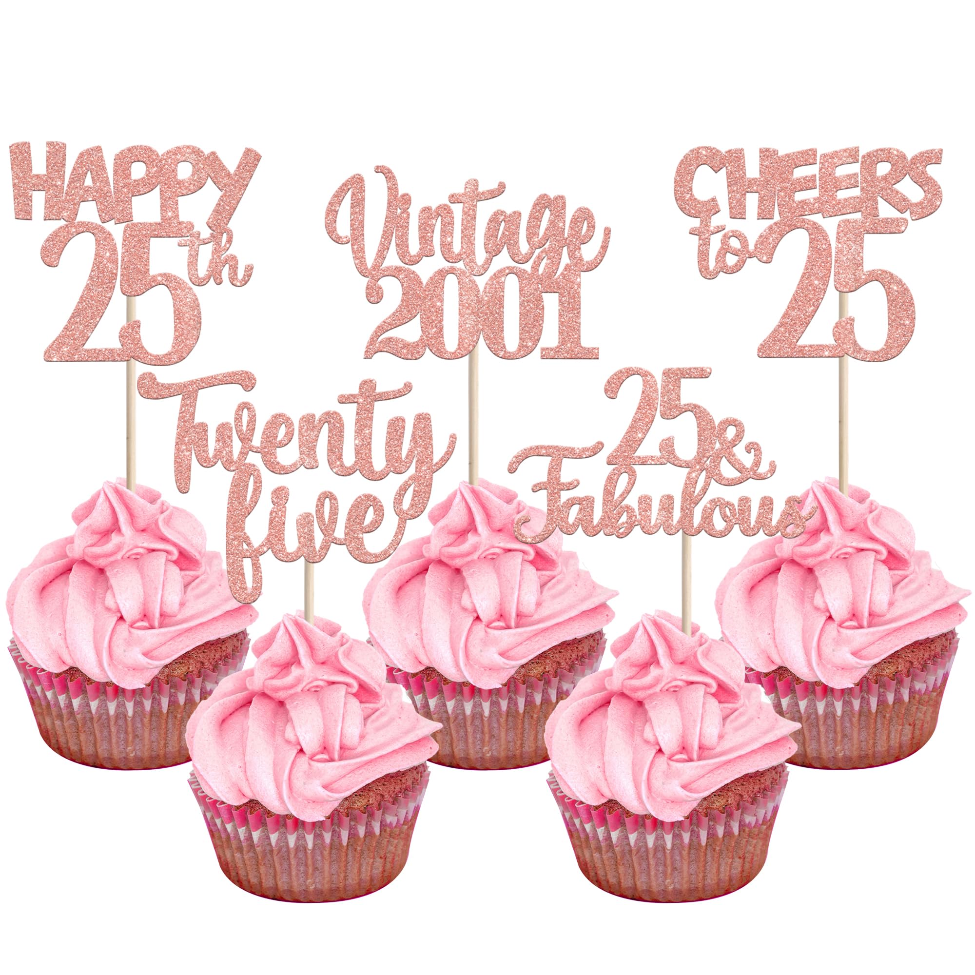 30PCS Happy 25th Birthday Cupcake Toppers Glitter Twenty Five 25 Fabulous Vintage 2001 Cupcake Picks Cheers to 25 Years for 25th Birthday Anniversary