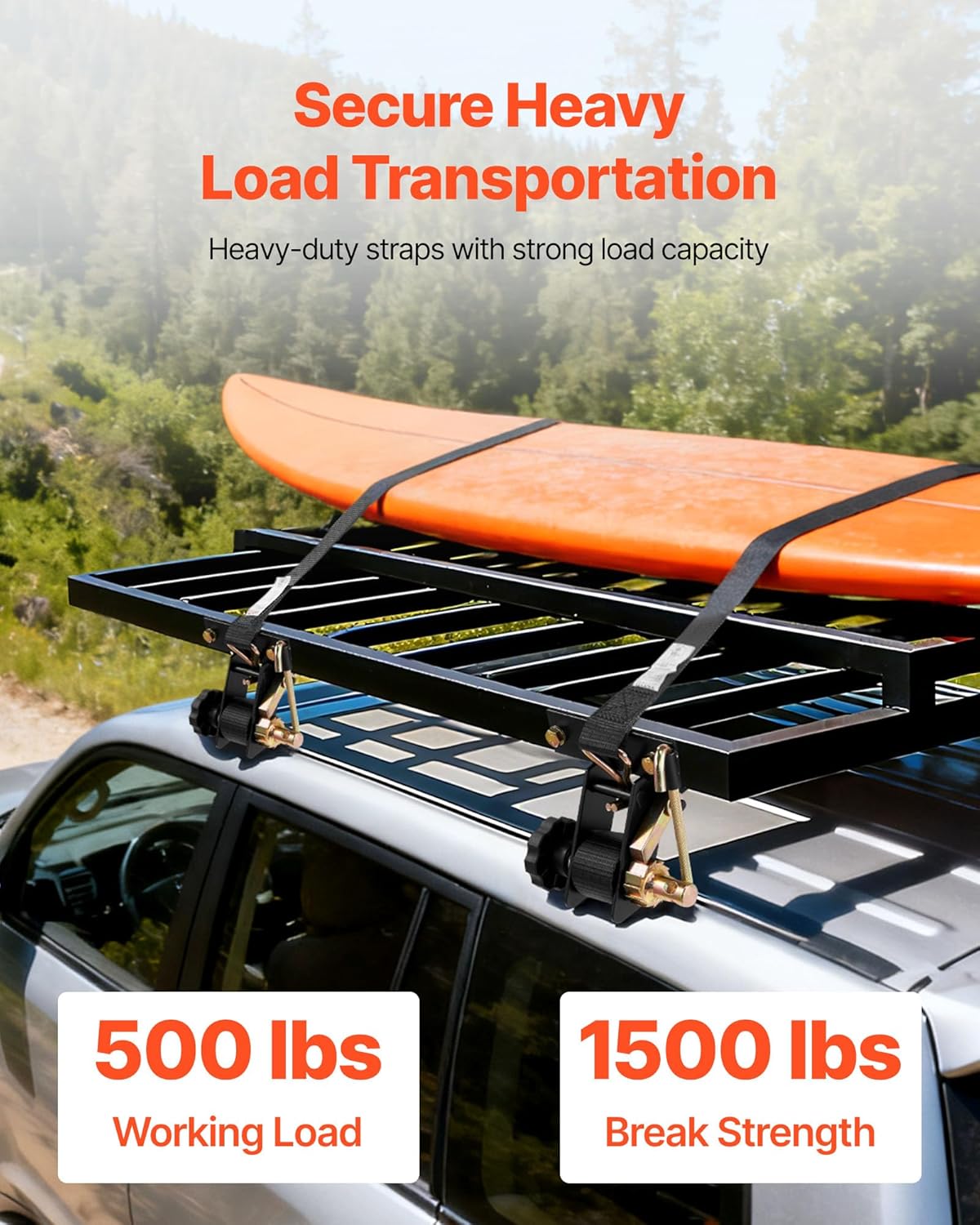 VEVOR Ladder Rack Ratchet Straps, 1.4" Black Square Tube Mount, 1.5'' Wide x 7.5' Long Black Ladder Rack Straps with Double J-Hooks, 500 lbs Load Heavy Duty, Cargo Buckle Lock Strap (8 Pack) - Image 2