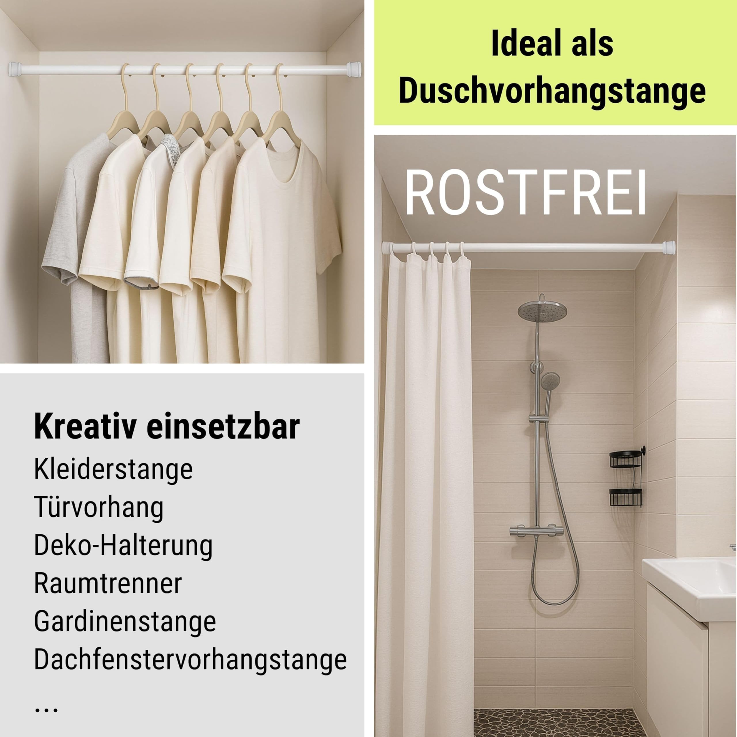 Rollina Duschstange ohne Bohren | Vorhangstange Klemmen rostfrei, 80-130cm | Teleskop Klemmstange für Gardinen | Stabile Duschvorhangstange | Vielseitiger Gardinenstangenhalter | Für Bad & Dusche