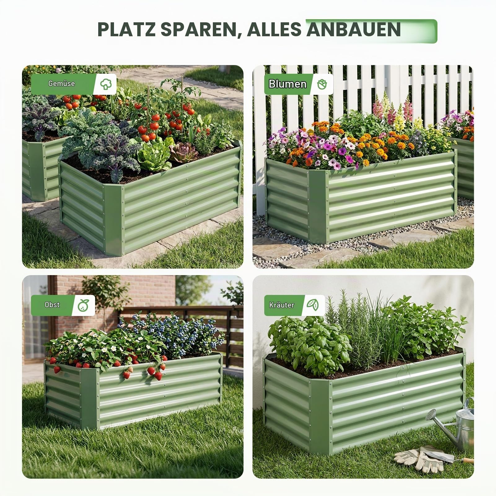 Verzinktes Hochbeet-Set, 2er-Pack, Metall-Pflanzkasten für den Außenbereich, 1,2 x 0,6 x 0,43 m, rechteckiges Stahl-Pflanzbeet für Gemüse, Obst, Blumen, Kräuter (Olivgrün)