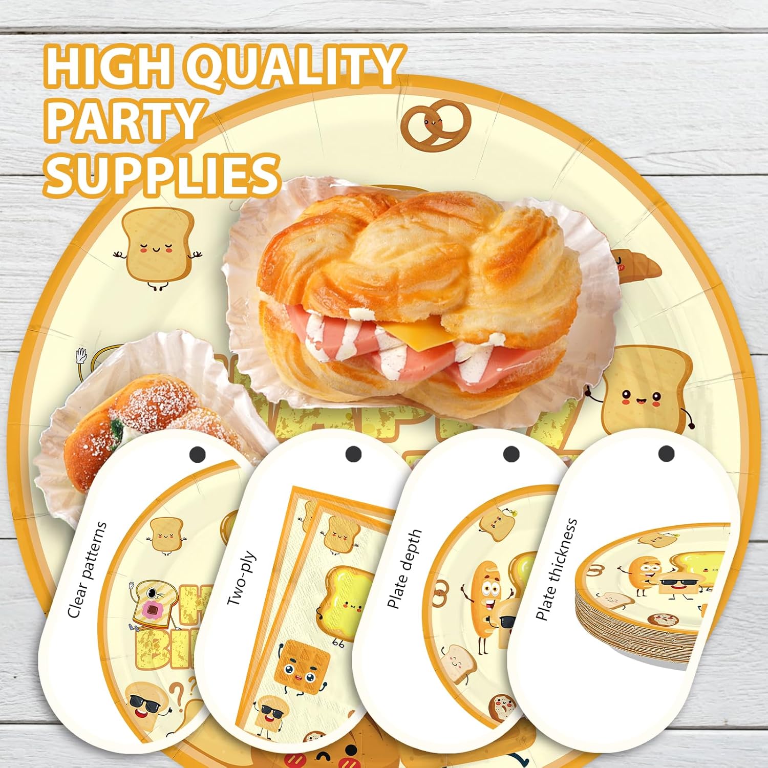 96Pcs Toast Bread Birthday Party Supplies Breakfast Bread Plates and Napkins Disposable Toast Food Theme Tableware Set for Kids Happy Birthday Party Decorations Serves 24