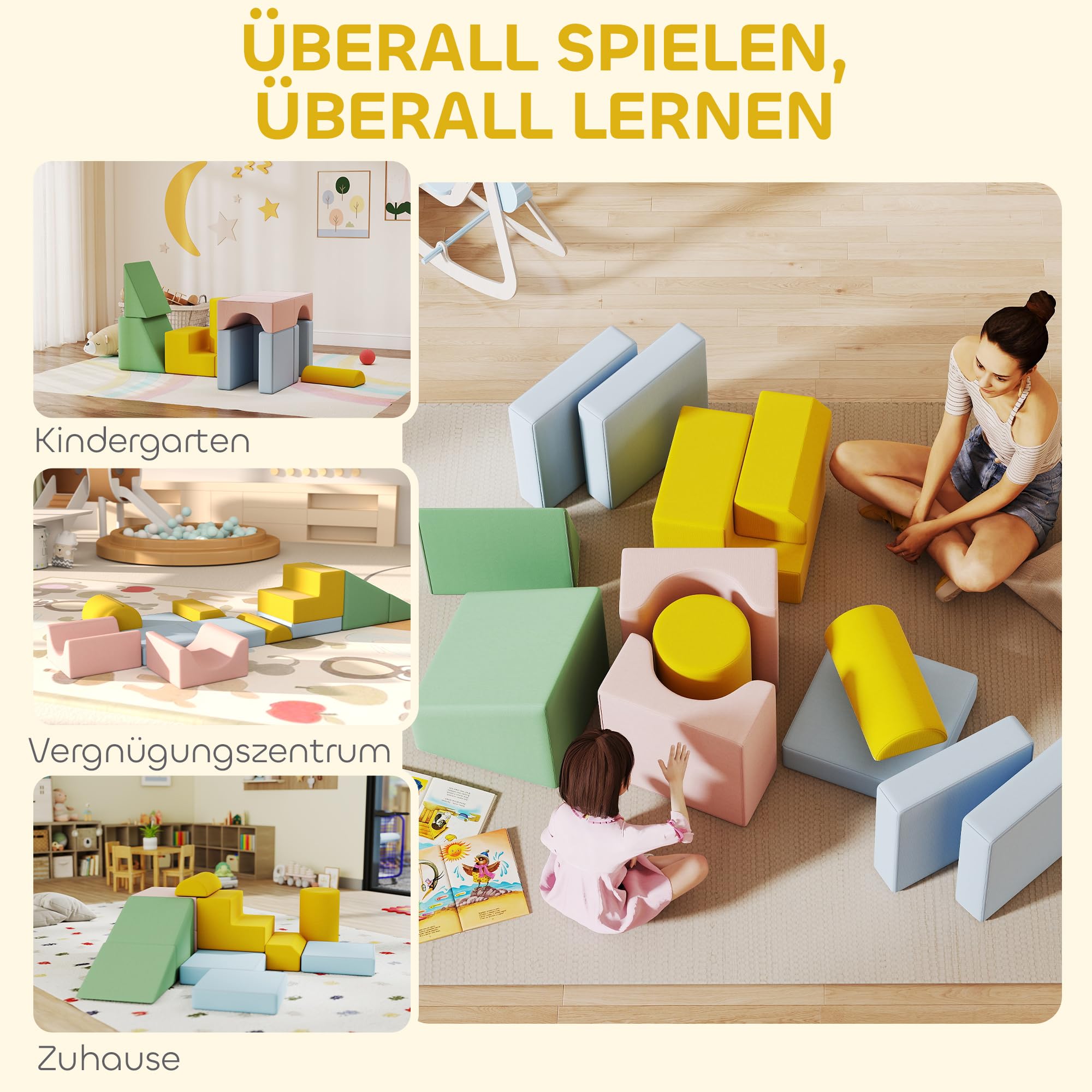 AIYAPLAY Schaumstoff Bausteine 12-TLG. Softbausteine Bausteinset Bunt | Kinder, mit Cord-Optik, Klettern, Großbausteine, Schaumstoff-Kletterblöcke, Bauklötze