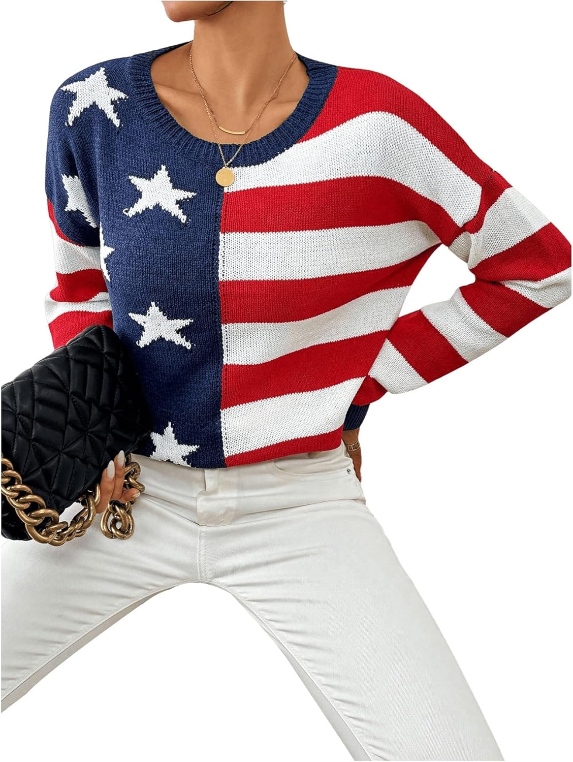 SweatyRocks Women's American Flag Sweater USA Star Striped Knit Sweater Pullover Long Sleeve Top - Image 6