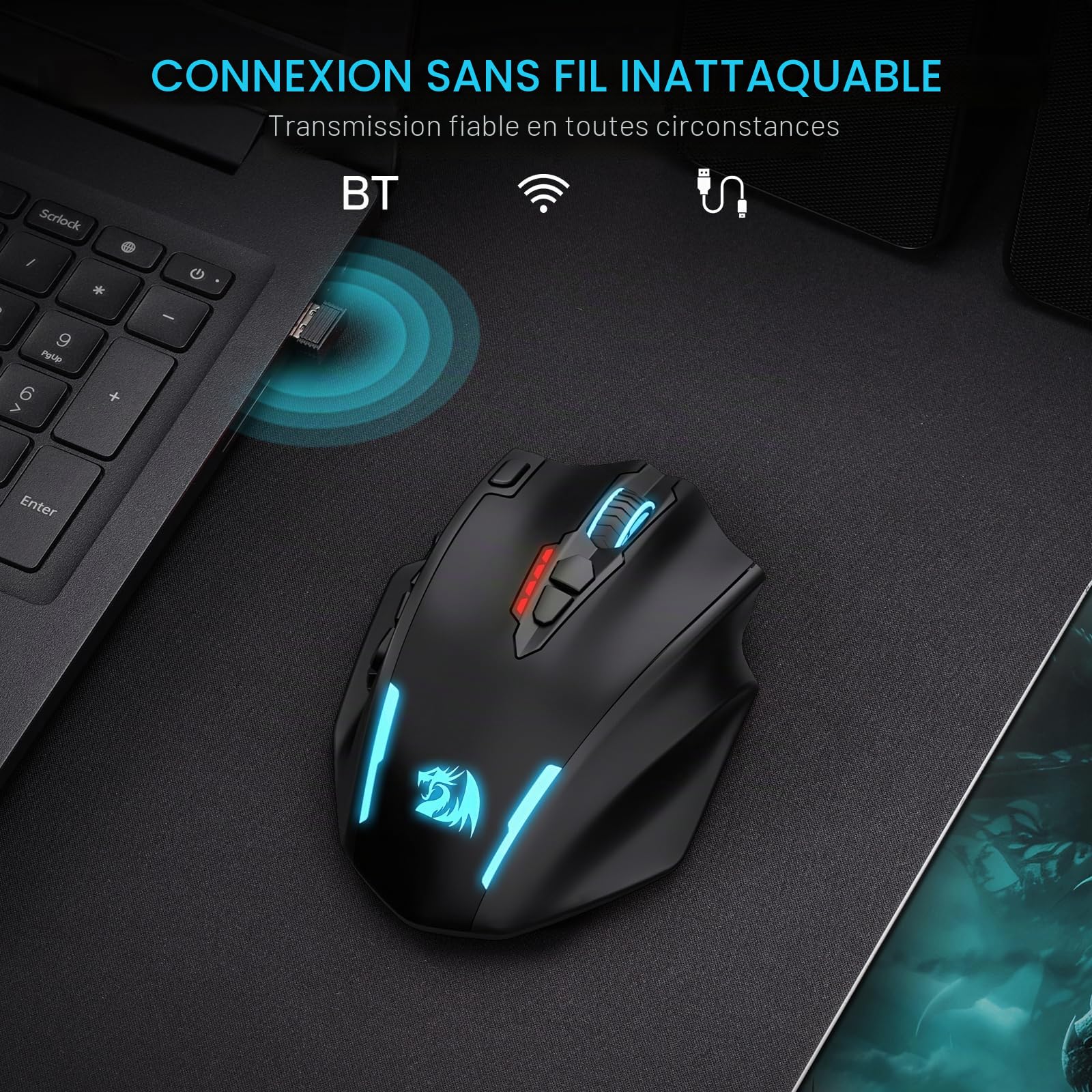 Redragon M913 Max Souris MMO sans Fil 26000 DPI 16 Boutons | souris gaming MMO optique sans fil 26000 DPI 16 boutons programmables BT 2.4G support logiciel