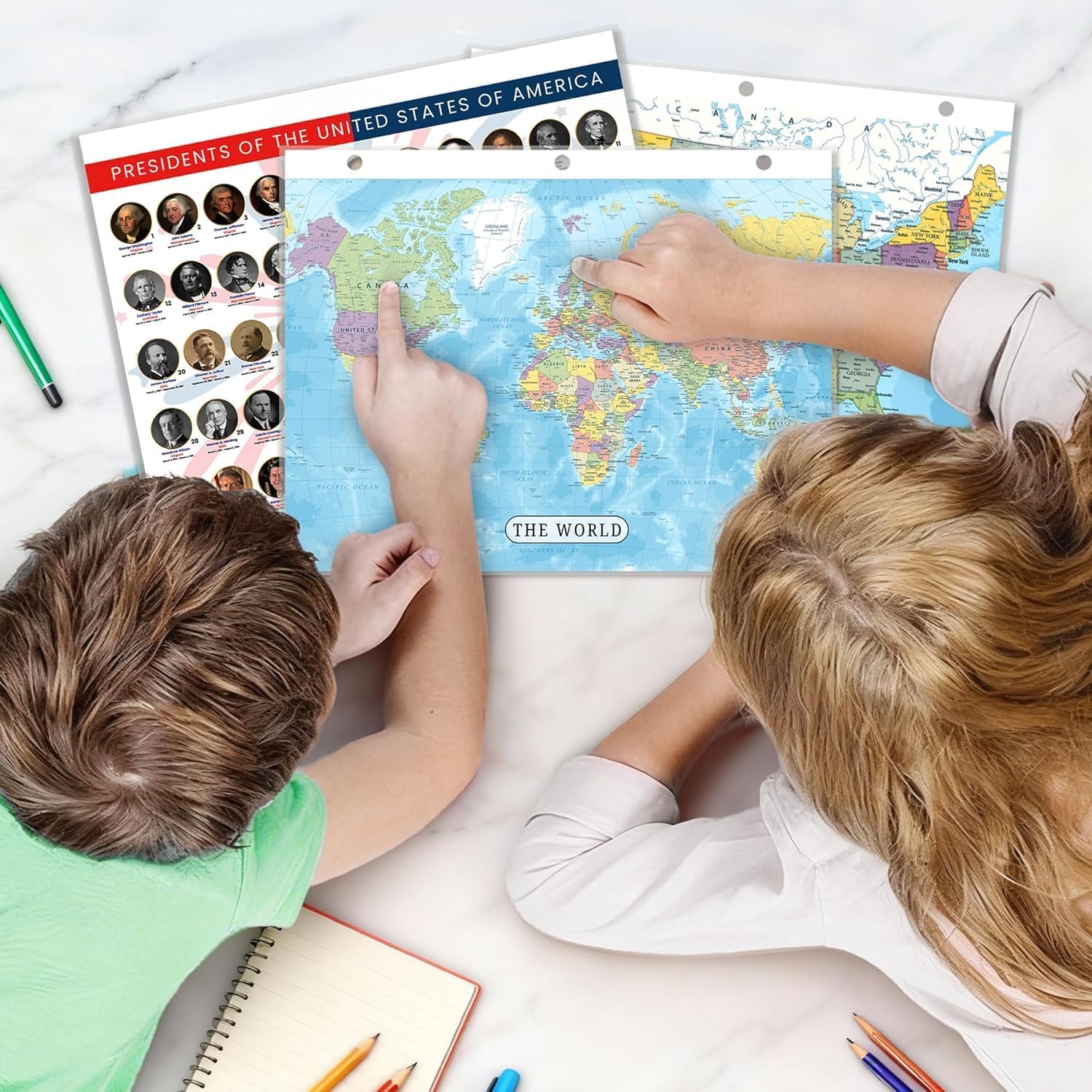 Central America Map & World Map Reference Page – Laminated, Double-Sided 3-Ring Binder Insert – Durable Gloss Geography Chart for Study (5 Pack)