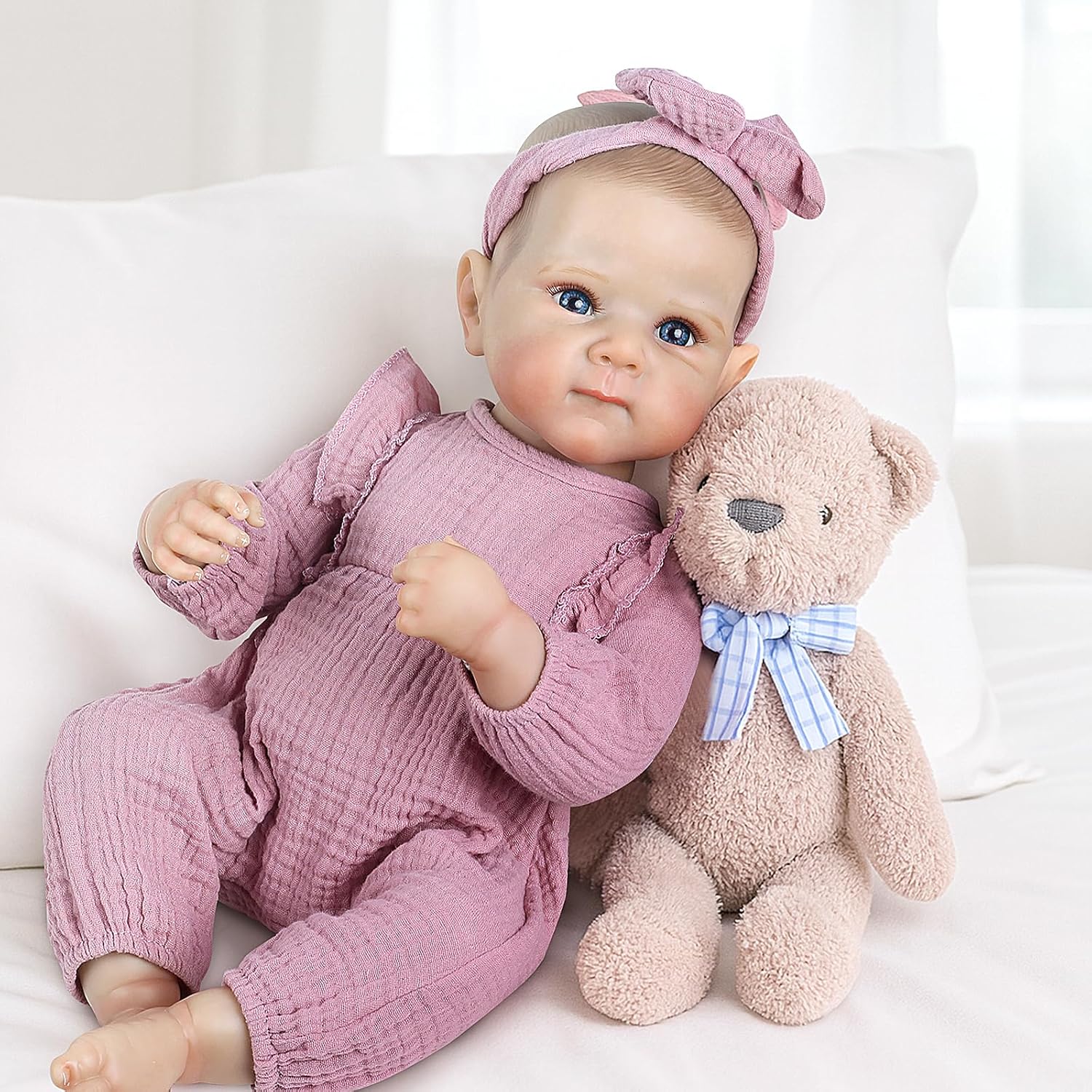 18 Inch Reborn Baby Girl Doll - Full Vinyl Rinse-Safe Body with Anatomical Details, Realistic Baby Doll in Pink Lace Outfit & Bow, Life Like Newborn Gift Set