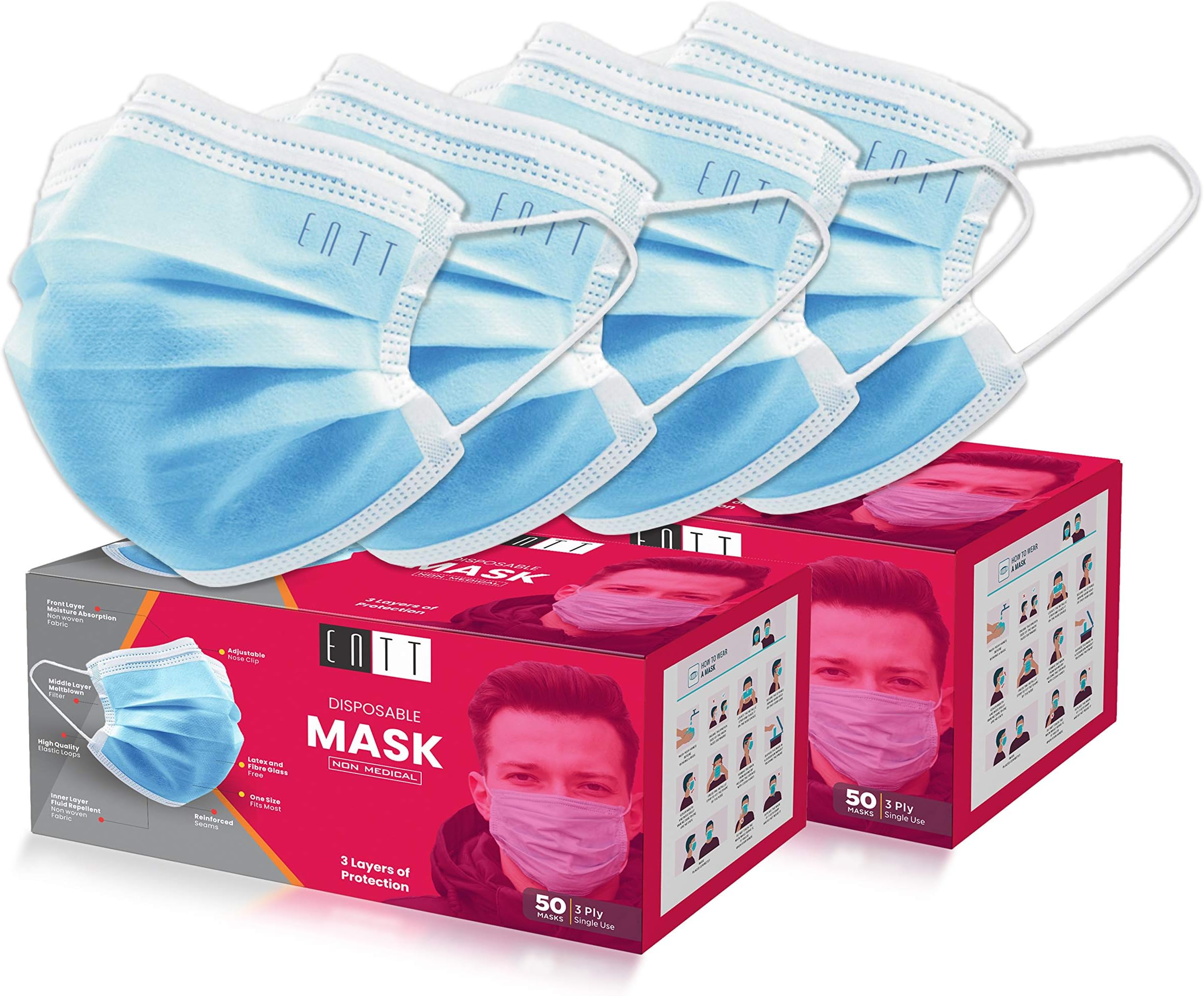 Face Mask - ENTT Bulk Pack 100 Disposable Non Woven Filtration Blue Face Masks - 3 Layer Safety Shield Face Masks for Men, Women - Elastic Earloops - Free Size - Shipped From USA - Unisex Face Mask