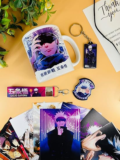 SINCE 7 STORE Satoru Gojo Gift Box Includes 5 Products: Mug, Keychain, Key-tag, 9 Mini Posters, and Shape Cut Badge - The Ultimate Fan Collection. 350ML Ceramic Mug