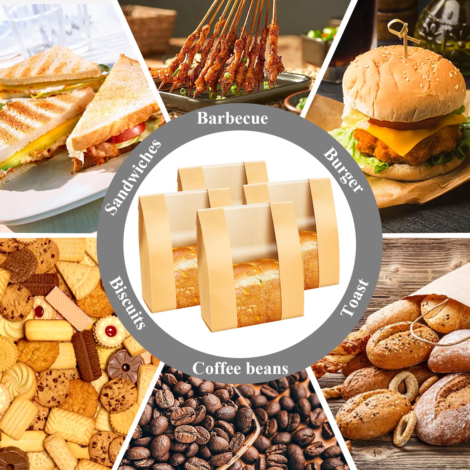 ONLYFU 200 bolsas de papel kraft para pan de masa madre, bolsa grande de almacenamiento de alimentos horneados con ventana transparente para pan casero de masa madre, galletas, aperitivos, bolsas de