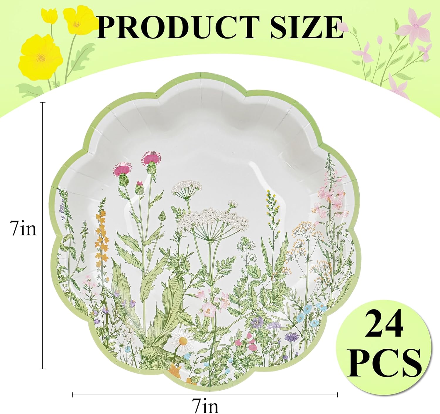 24Pcs Wildflower Dessert Paper Plates Floral Disposable Party Plates Garden Botanical Green Leaves Herbs 7" Scalloped Plate for Baby Bridal Shower Tea Party Supplies (24) - Image 2