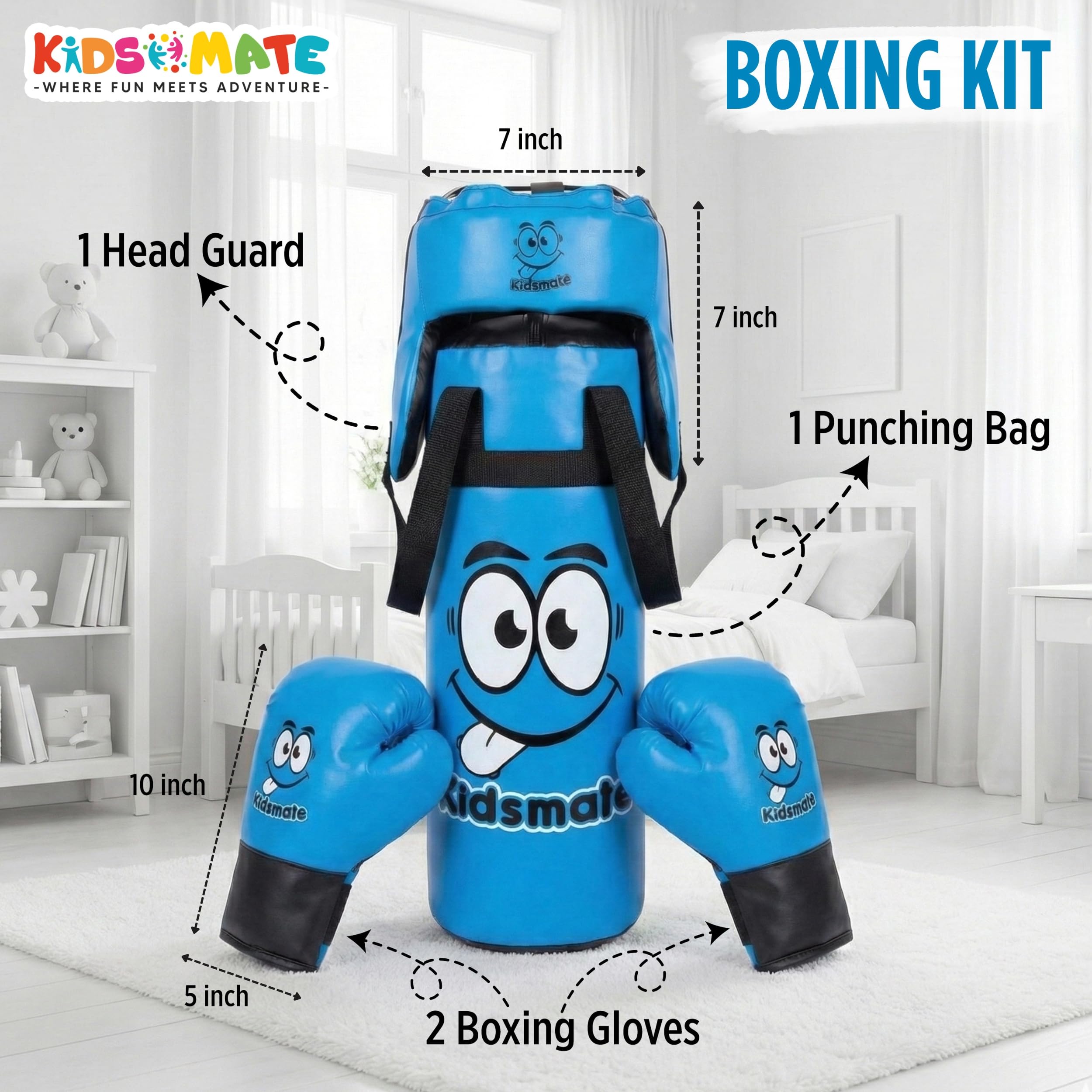 Kidsmate Boxing Kit for Kids of Age 3โ8 Yrs | Safe Synthetic Leather Punching Bag with Gloves Set | Boxing Set for Karate Training & Punch Practice | Playful Fitness Activity for Boys & Girls - Blue 2
