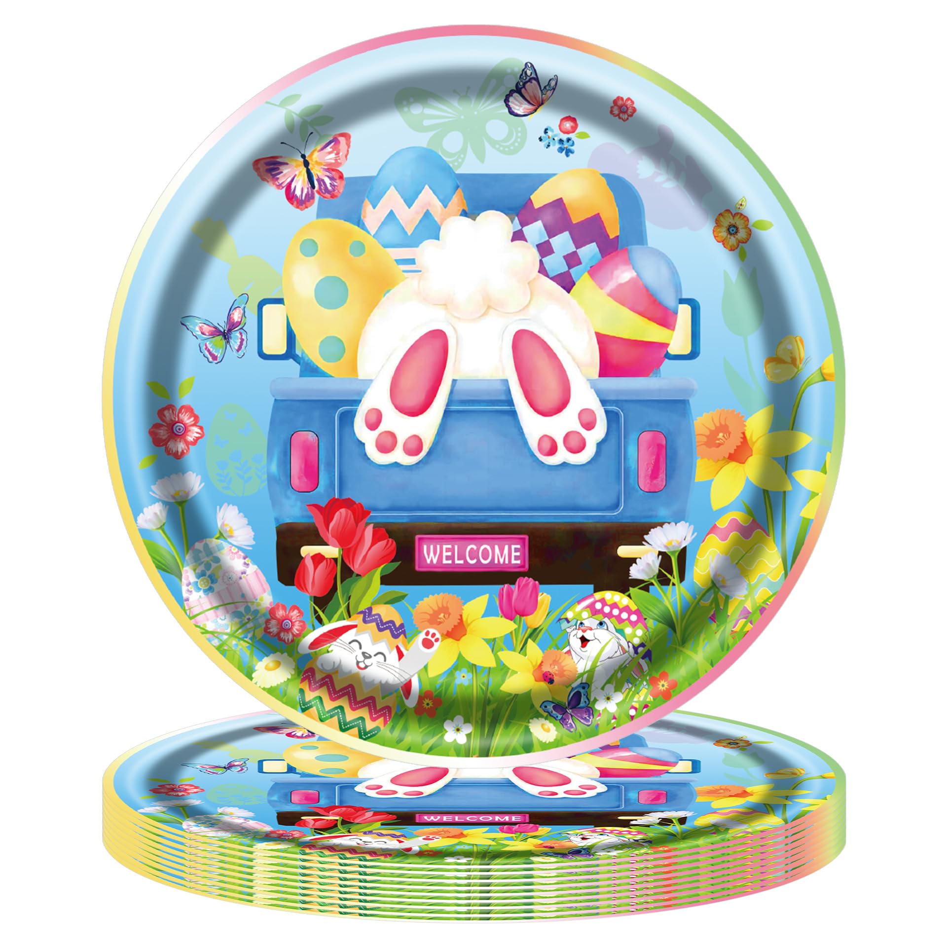RUSTAMM 24Pcs Easter Paper Plates Cute Rabbit flower butterfly Decorative Dinner Plates 9 Inch Round Disposable Dinnerware Spring Party Supplies Table Decor