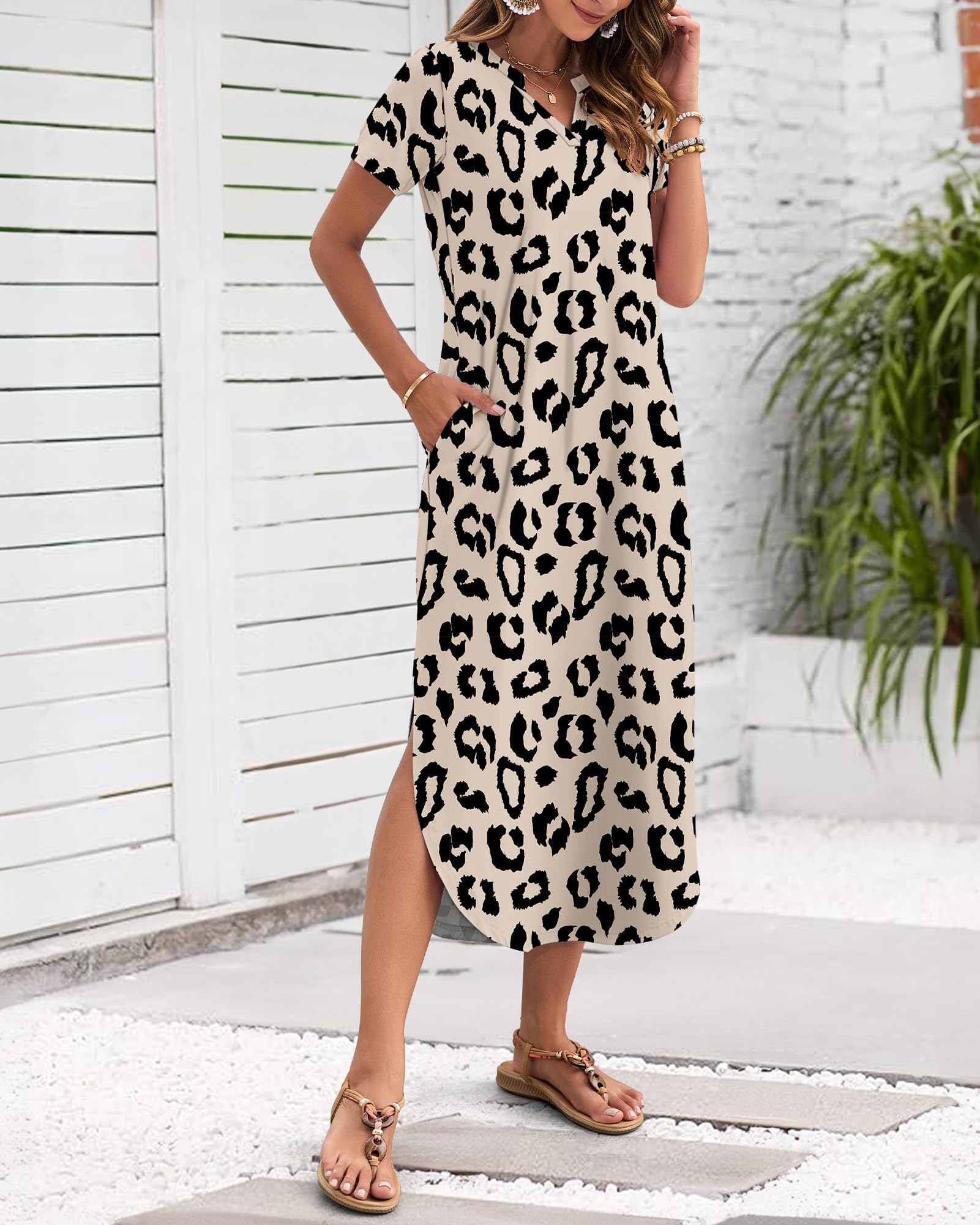 MISFAY Vestido largo de verano para mujer, casual, manga corta, cuello en V, holgado, con abertura, vestido largo para la playa