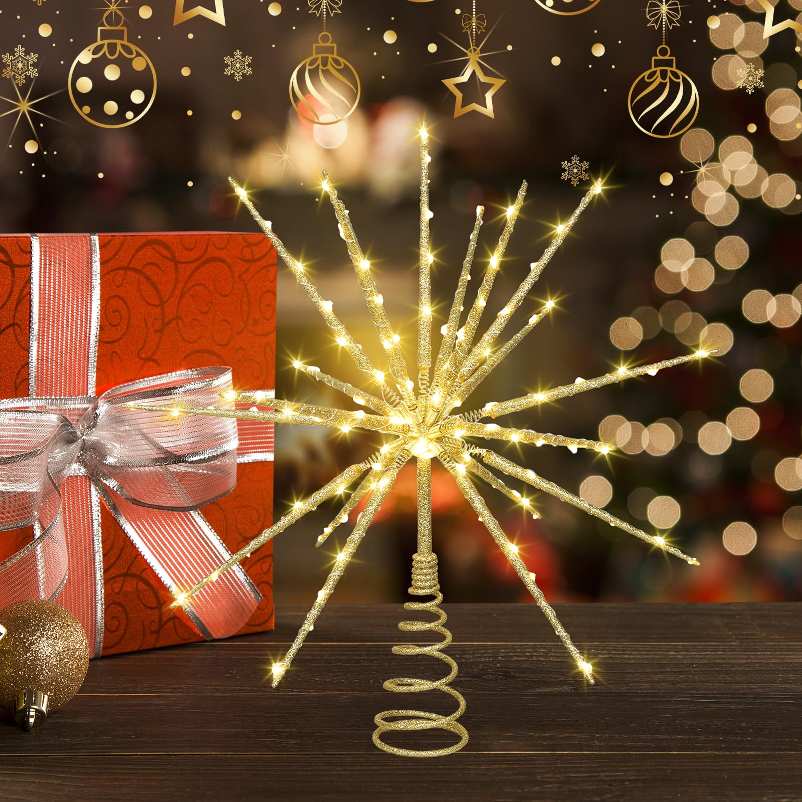 HMASYO Étoile scintillante de 38,1 cm, étoile dorée à 19 branches avec 150 LED, télécommande et minuterie, alimentation USB pour intérieur, maison, vacances, fête, décoration de sapin de Noël