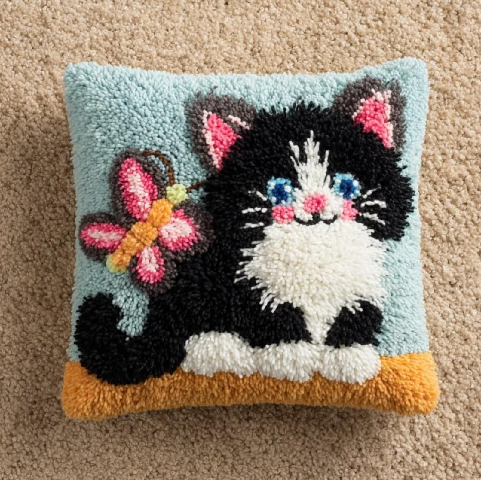 WallustrioaW Latch Hook Cushion Cover Kit 43x43cm,Cats and Butterflies