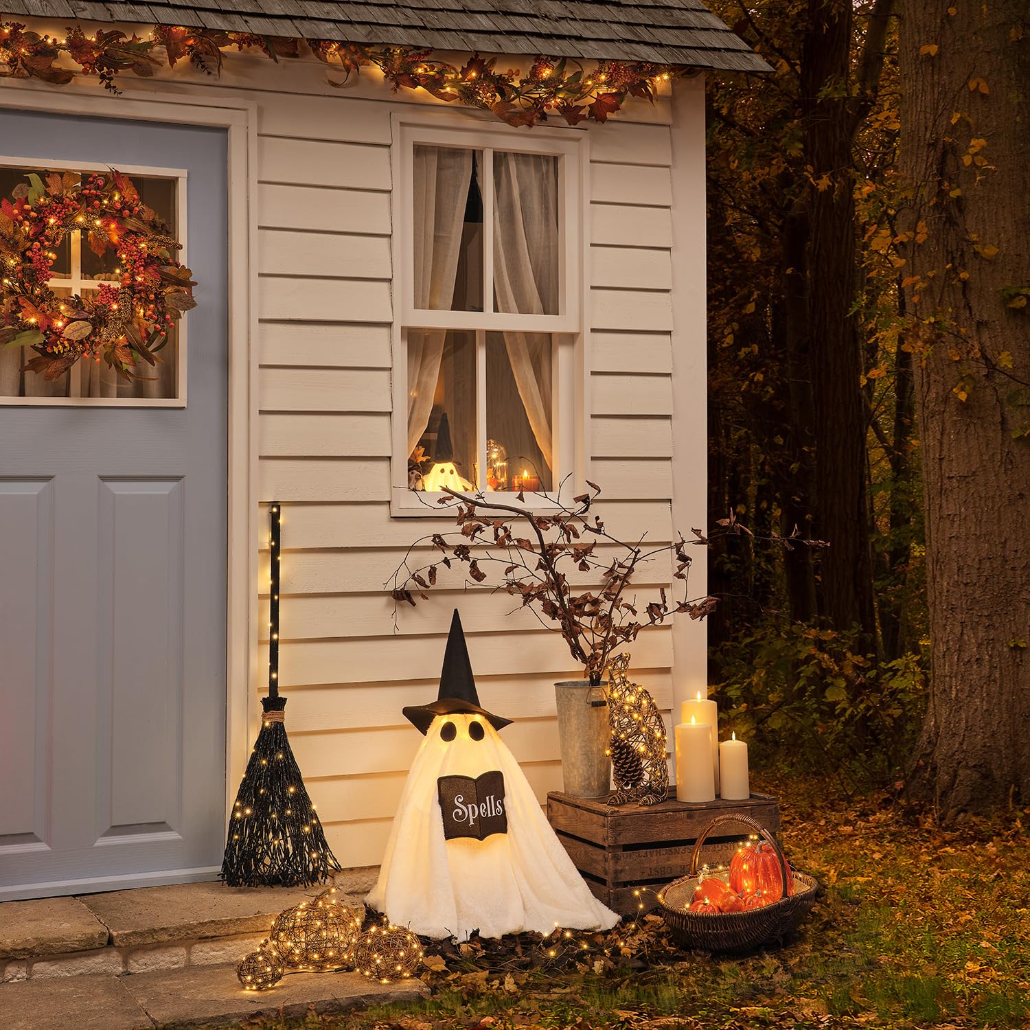 Lights4fun Schwarzer Hexenbesen | warmweiße LEDs & Timer | Halloween & Herbst