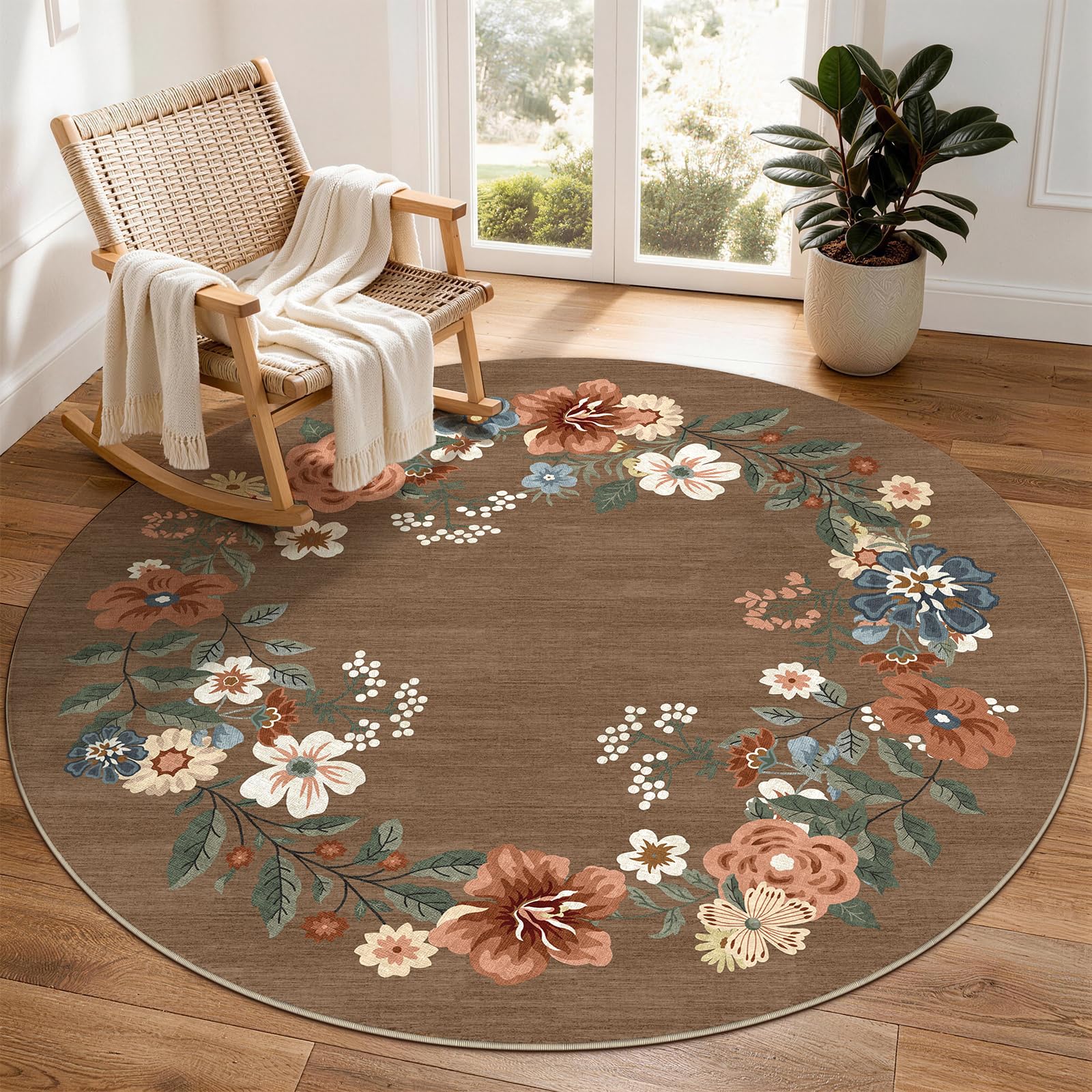 SOANNY Round Rug Living Room, Washable Non Slip Carpet, 160cm Brown โ image 1