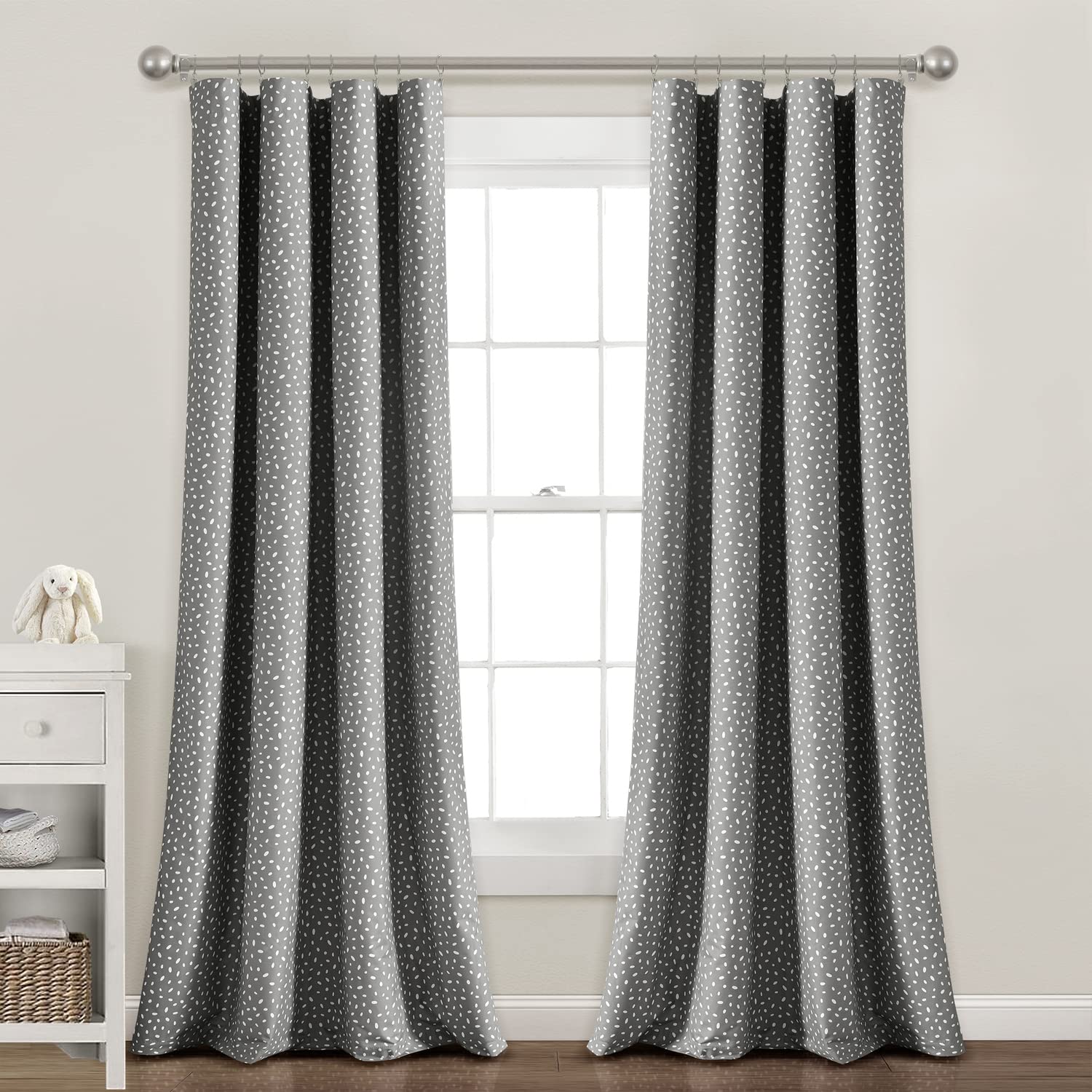 Lush Decor Pixie Fox Geo Blackout Window Curtain Panel, Single Panel, 52" W x 84" L, Dark Gray - 100% Blackout Curtains - Gray Curtains for Kids & Baby - Geometric Dots - Bedroom & Nursery Decor