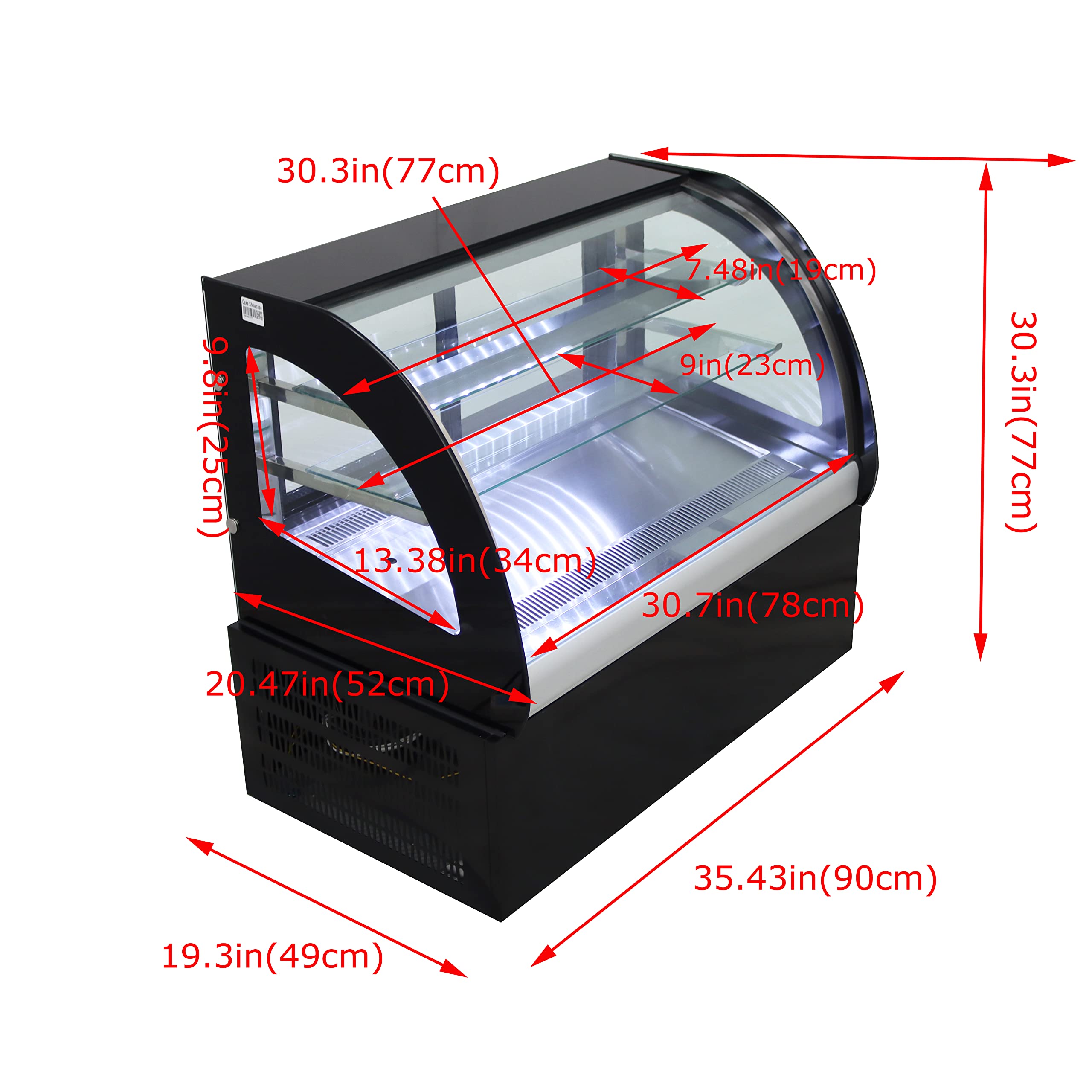 INTSUPERMAI Countertop Refrigerated Cake Showcase 35inch Commercial Bakery Cabinet Glass Refrigerated Cake Pie Showcase Bakery Display Case Arc Back Door 220V