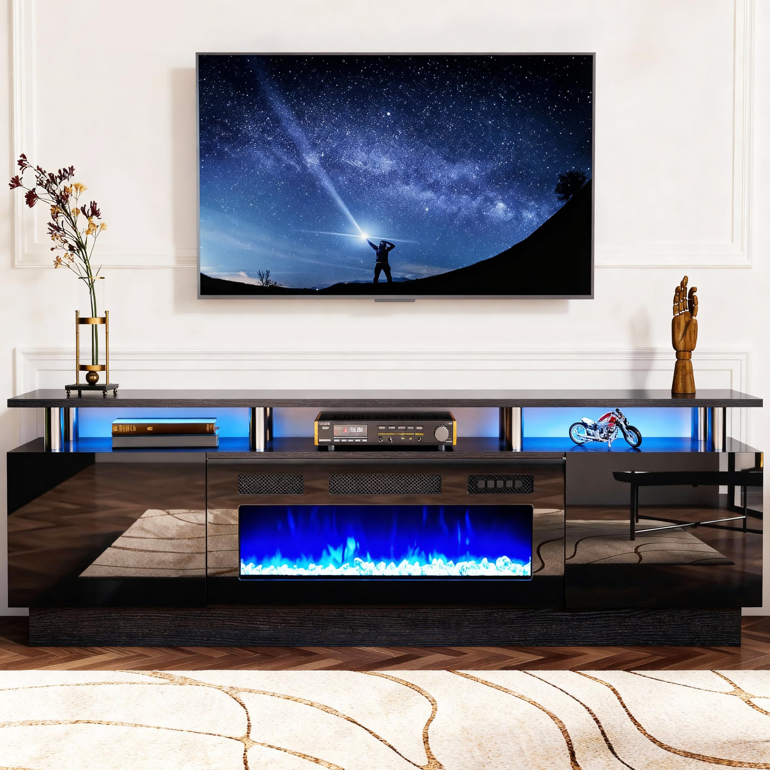 oneinmil Fireplace TV Stand with 36" Electric Fireplace,LED Light Entertainment Center,2 Tier TV Console Stand for TVs Up to 80",Fireplace for The Living Room TV Stand,Black