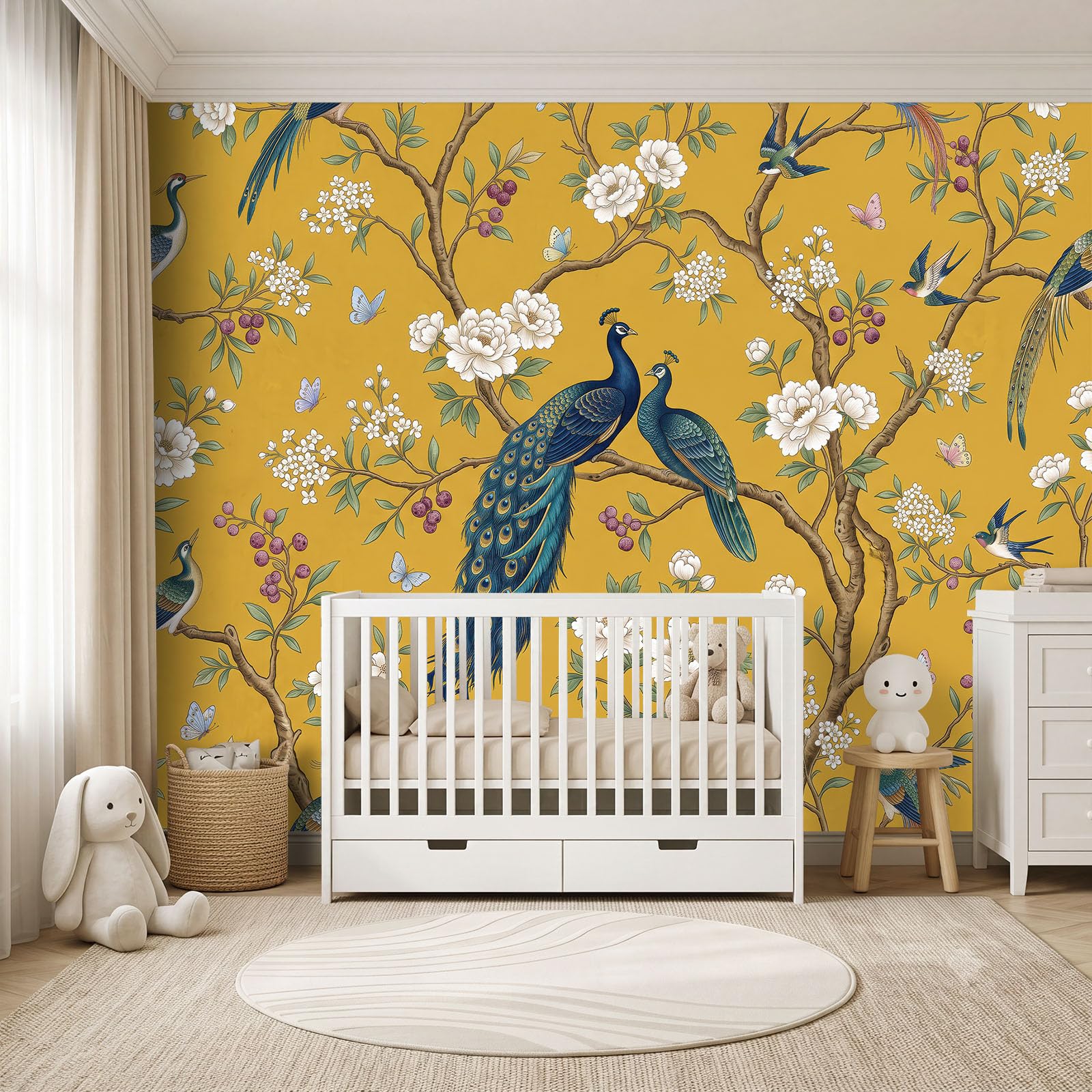 Vintage Chinesischer Wald Panorama Fototapete 300 x 210 cm, Pfingstrosen Beeren Pfau Schwalben Schmetterlinge Vlies Tapeten Wandtapete, Gelb Wandbilder Tapete für Wohnzimmer Schlafzimmer Apartment