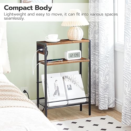 Miniatura 4 de HOOBRO Mesa auxiliar pequeña y estrecha con estación de carga, juego de 2, mesa auxiliar delgada para espacios pequeños, mesita de noche delgada con